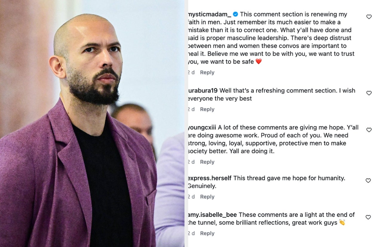 Left: Andrew Tate. Right: Comment thread expressing hope and inspiration under a social media post