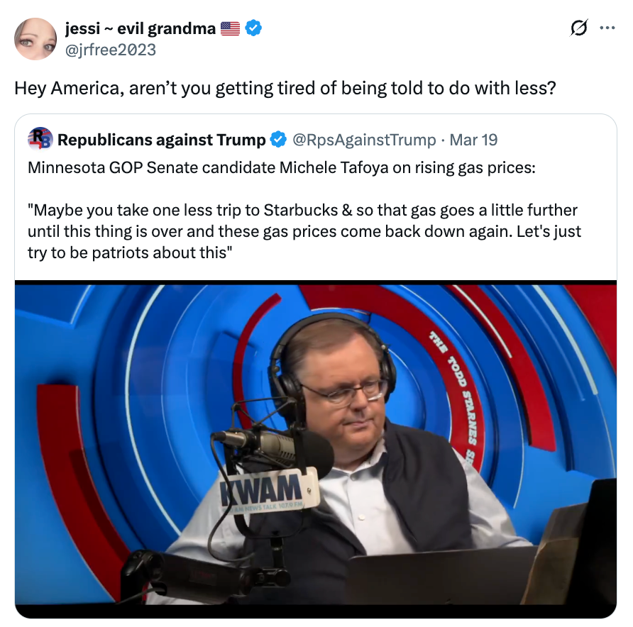 Tweet by @jrfree2023 criticizes rising costs. Screenshot shows a antheral successful a studio, with a punctuation astir state prices from Michele Tafoya