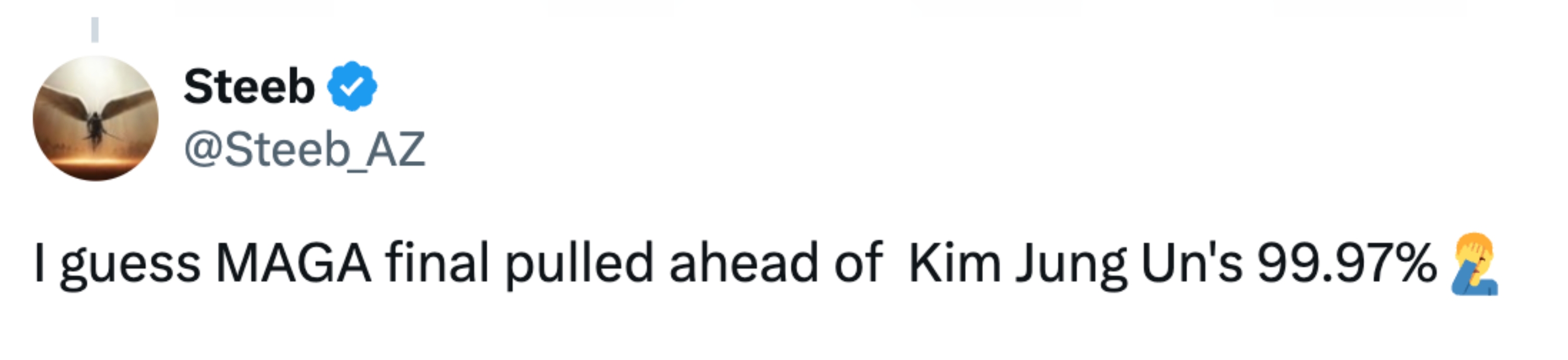 Tweet by Steeb joking astir a MAGA effect surpassing Kim Jong Un's 99.97% with a reasoning emoji