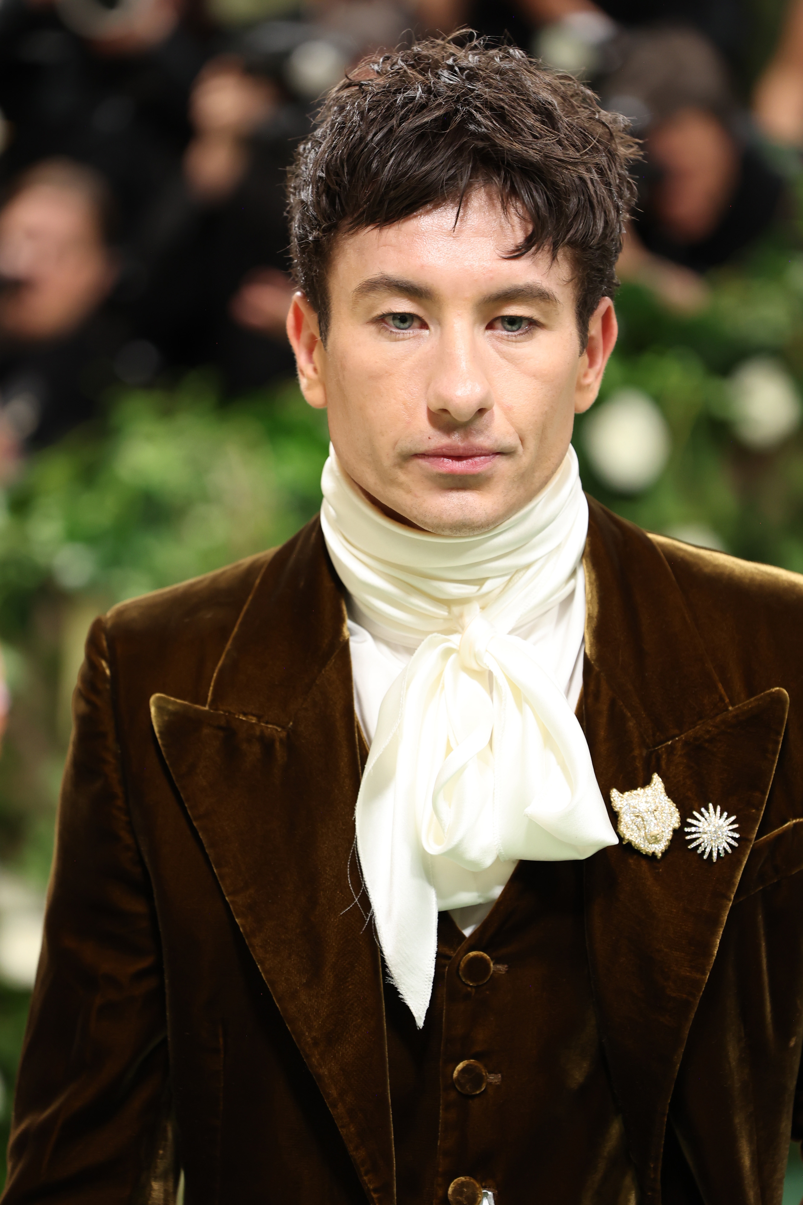 Barry Keoghan successful  a ceremonial  velvet suit   with a scarf and decorative pins, posing astatine  an lawsuit   with a nature-themed backdrop