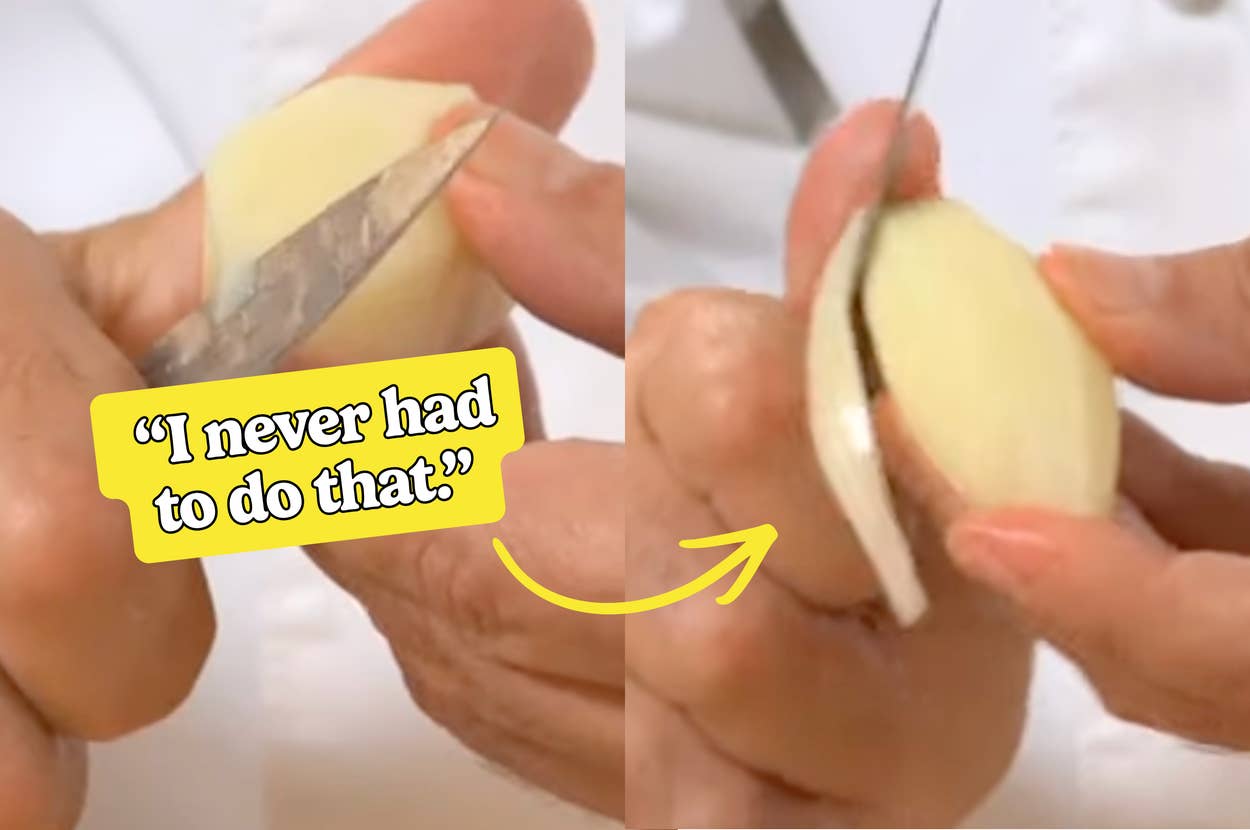 Close-up of hands peeling a potato with a knife, accompanied by a text bubble saying, "I never had to do that."