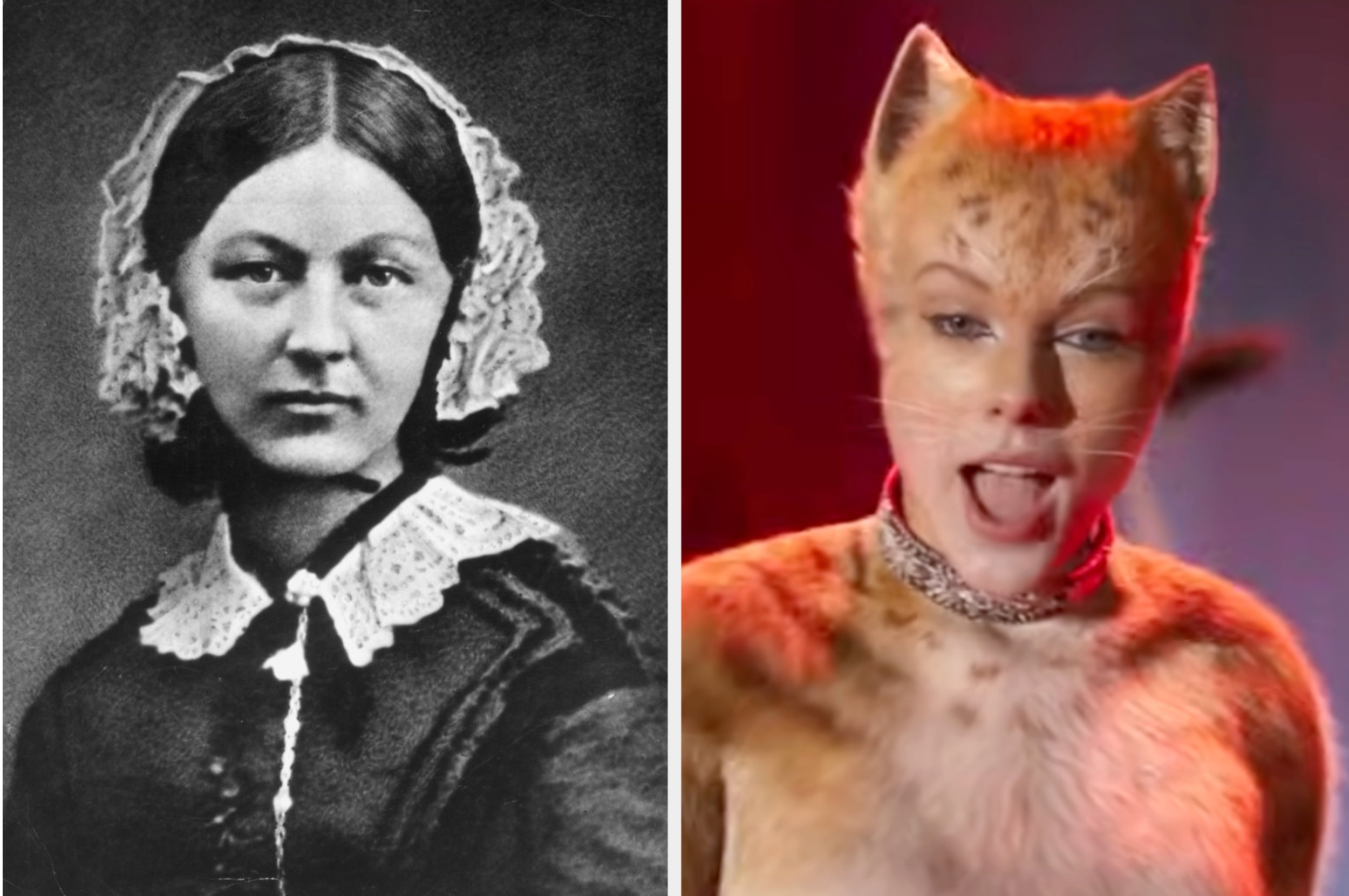Left: Historical portrait of a woman in Victorian attire with lace bonnet. Right: Person in cat costume with detailed feline makeup