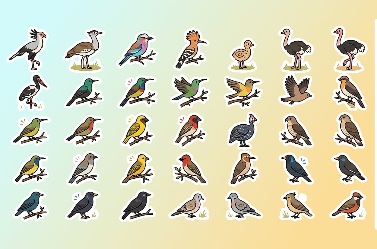 Illustrated birds perched on branches in a grid layout, showcasing various species with unique features and poses