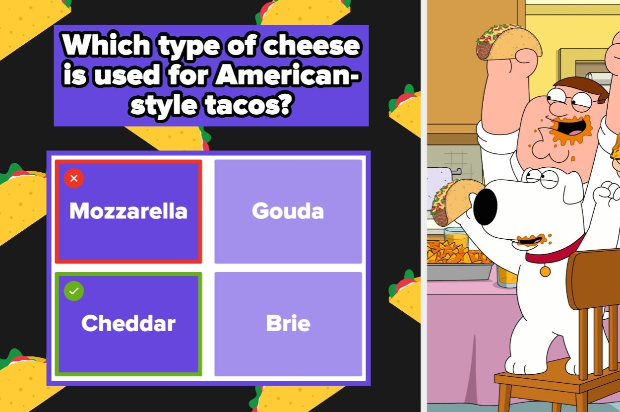 Quiz question on cheese for tacos with "Cheddar" as the correct answer, cartoon characters celebrating beside a table