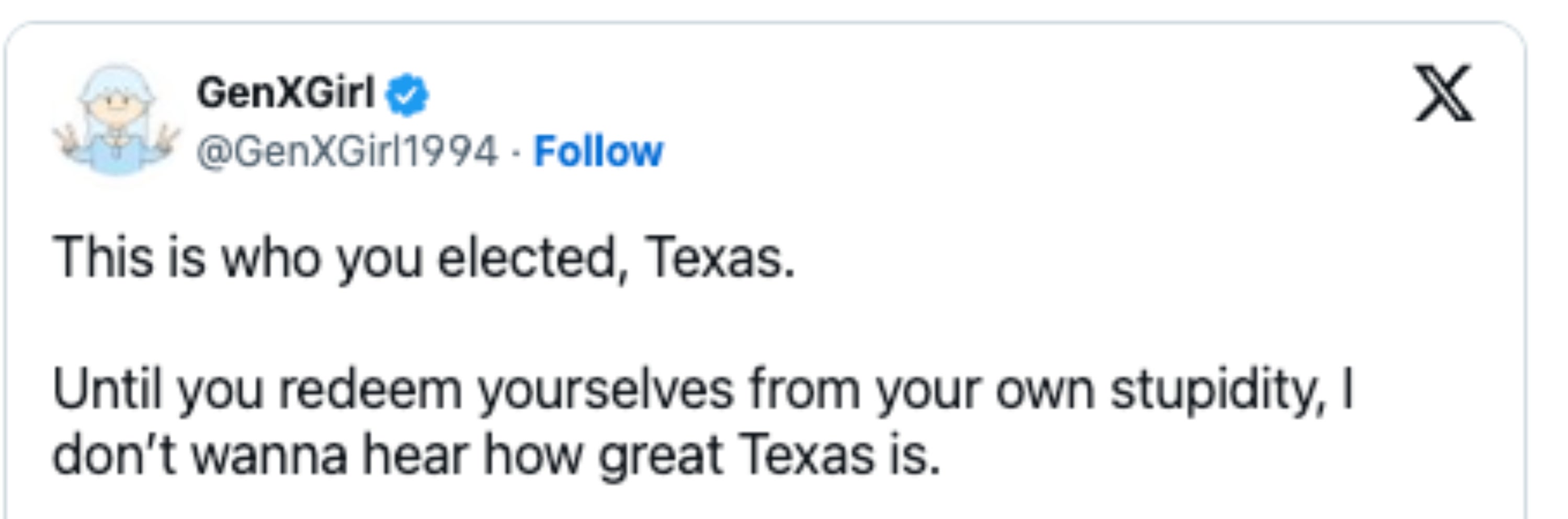 Tweet som kritiserer Texas-velgere og sier at de må løse seg fra påstått dumhet før de berømmer staten