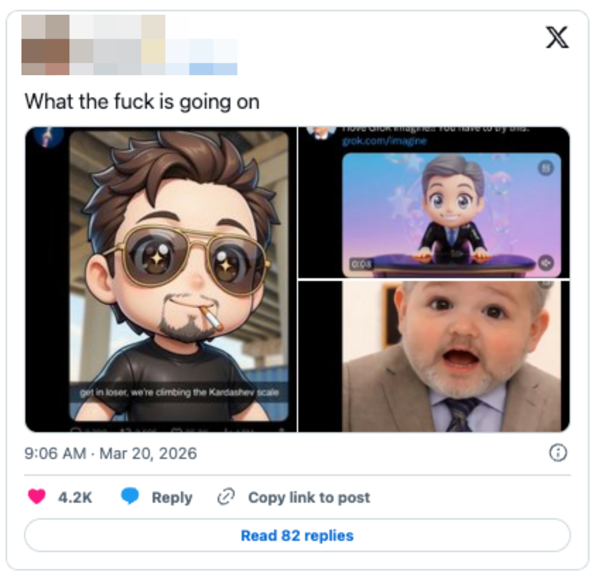 Bildet viser en tweet med en tegneserievoksen i solbriller, et nyhetsprograms animerte karakter og en babys overrasket ansikt. Tweeten stiller spørsmål ved hva som skjer