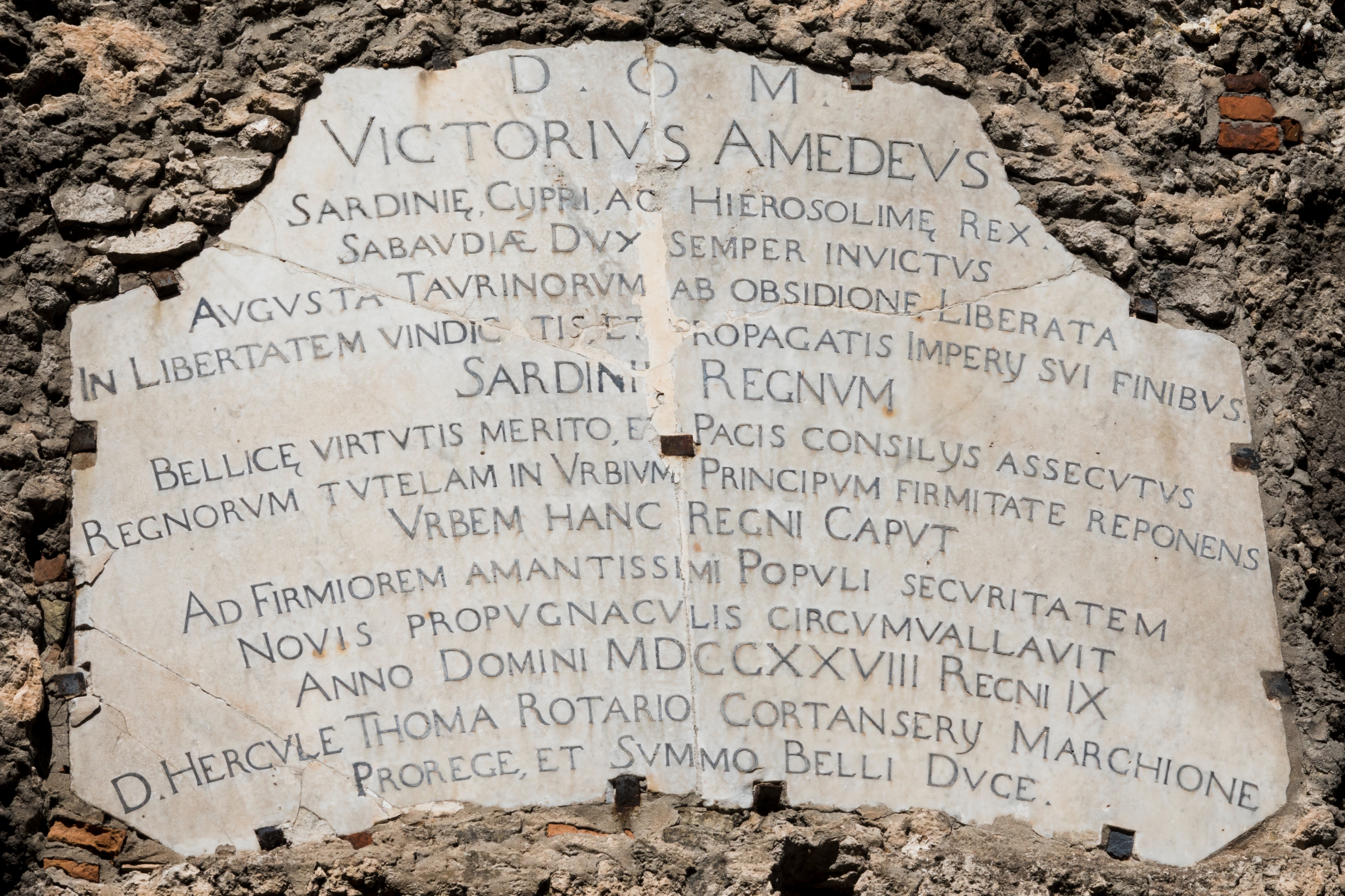 Ancient chromatic tablet with Latin inscription honoring Victor Amadeus, celebrating subject victories and extortion of definite regions