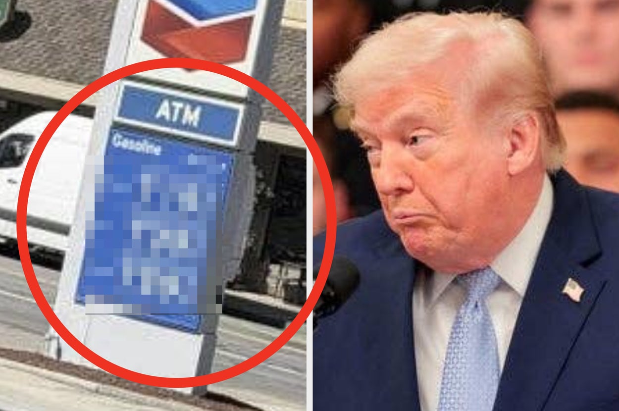 Gas prices sign obscured next to an ATM; person on right looks confused