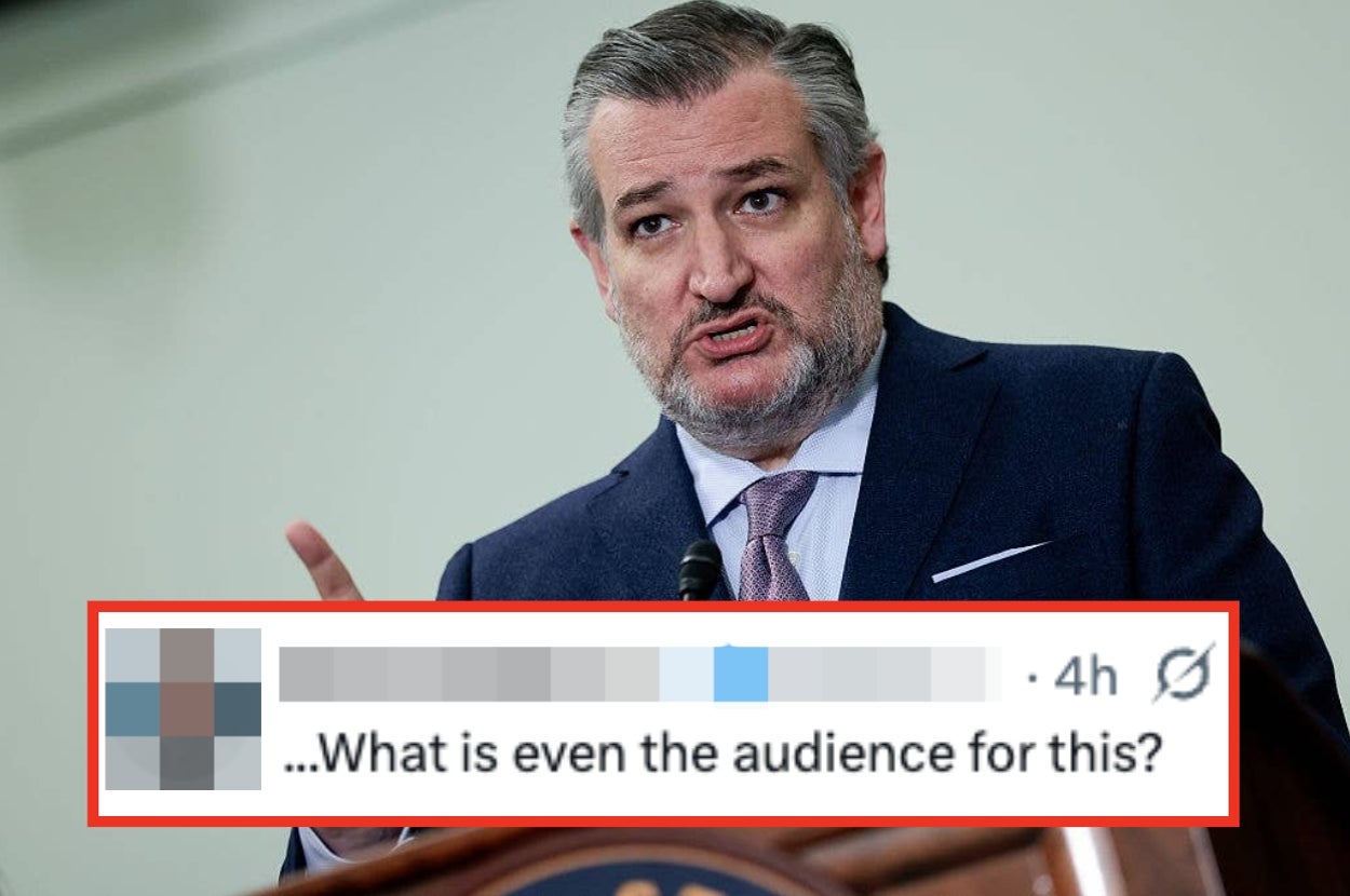 A person is speaking passionately at a podium. A social media comment reads, "What is even the audience for this?"