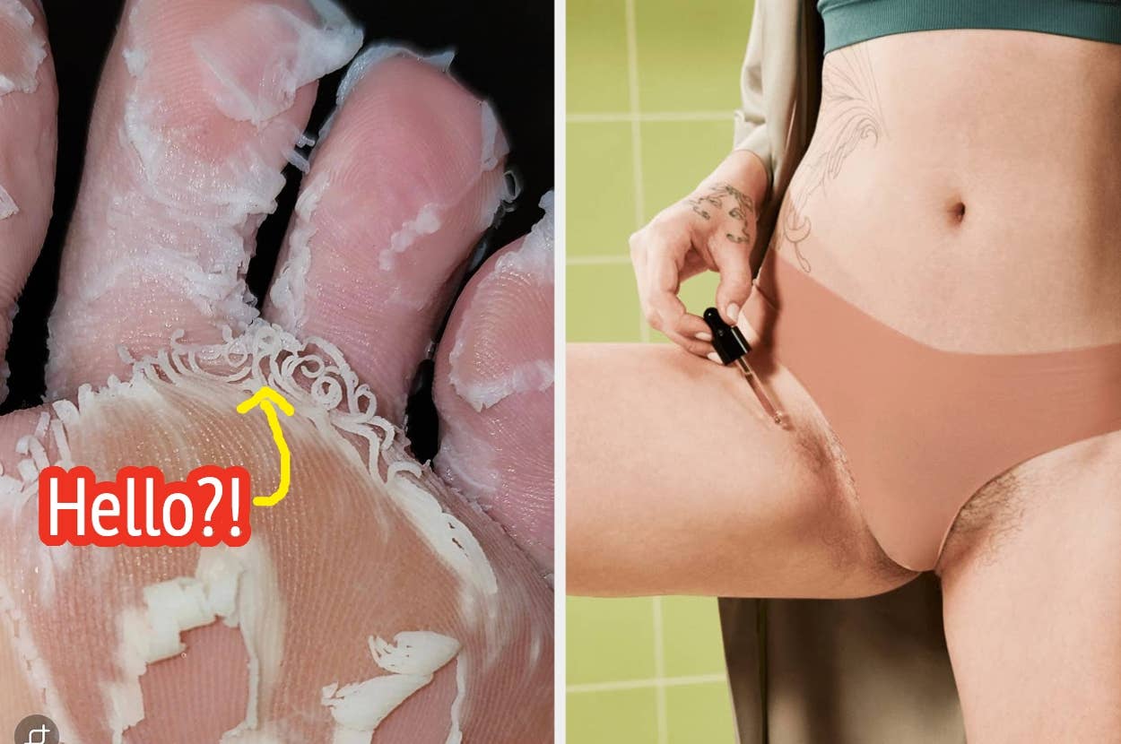 Close-up of peeling skin on fingers beside a person's hip area with an eyebrow razor, highlighting skincare and grooming concerns