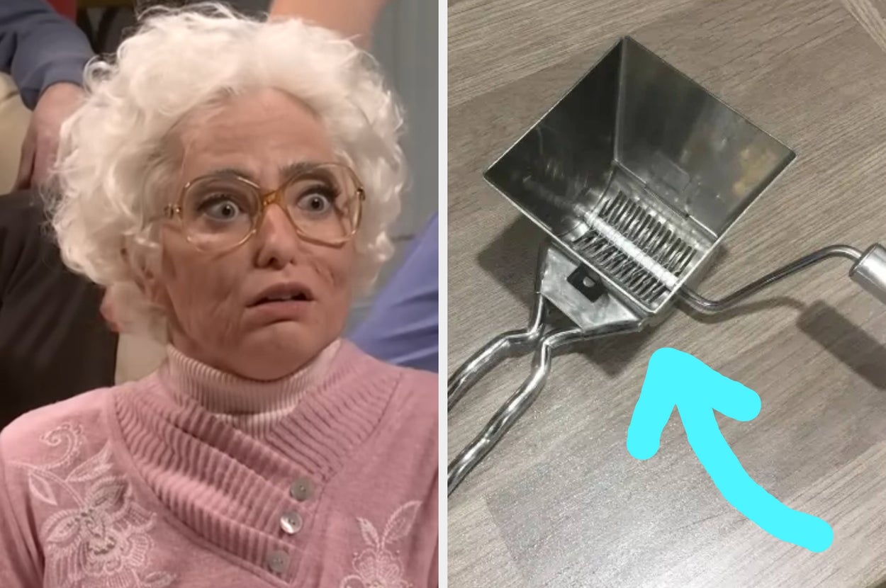 Surprised elderly woman on left, metal kitchen utensil with crank handle on right