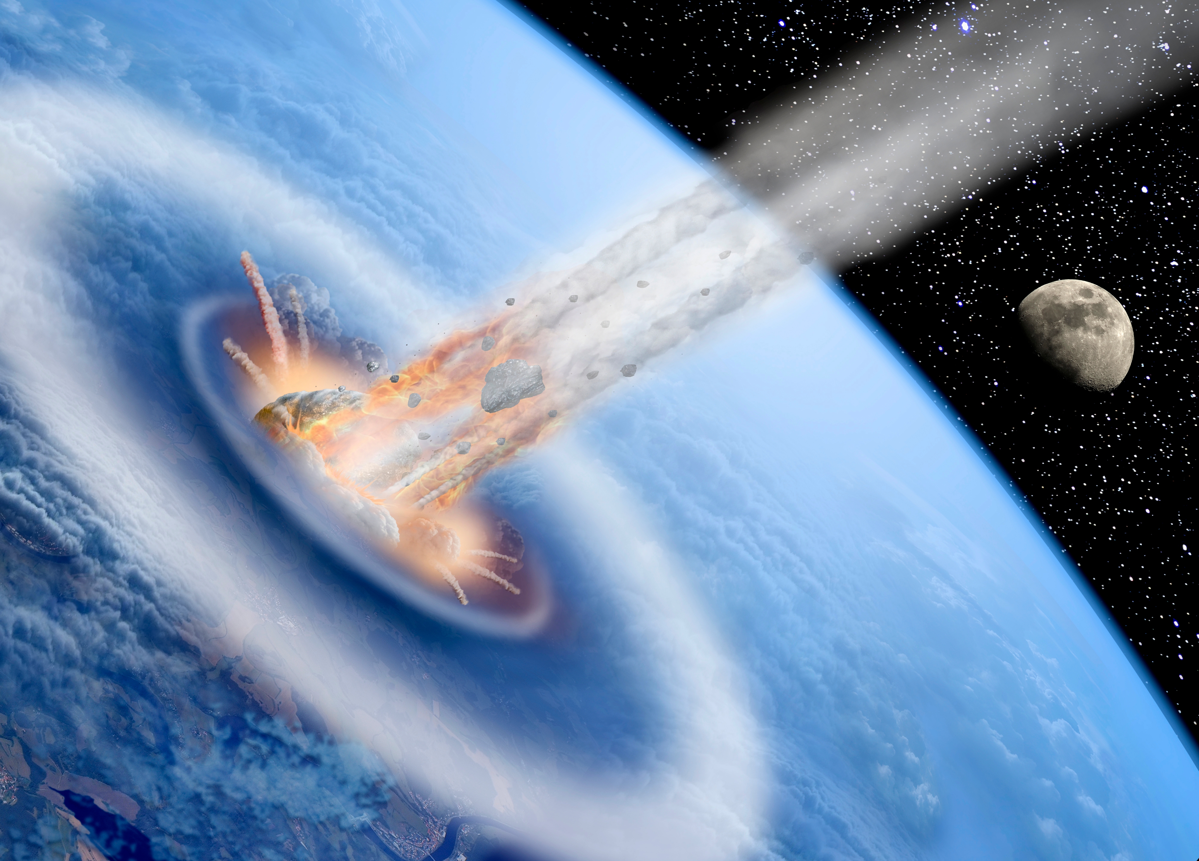 Asteroid impacts Earth, causing a monolithic detonation with disposable interaction crater; the satellite and stars are successful the background