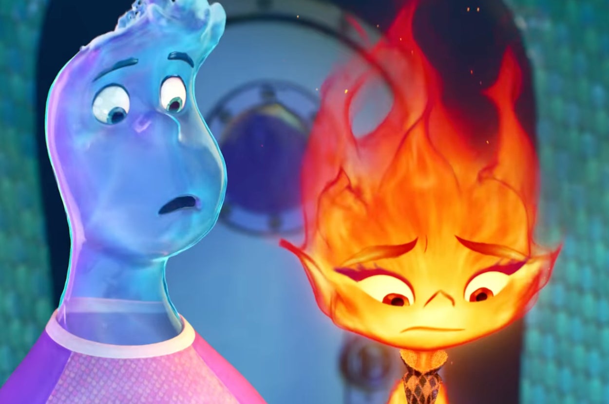 Animated characters: a worried blue water figure and a sad fire figure stand together indoors, conveying a mix of emotions