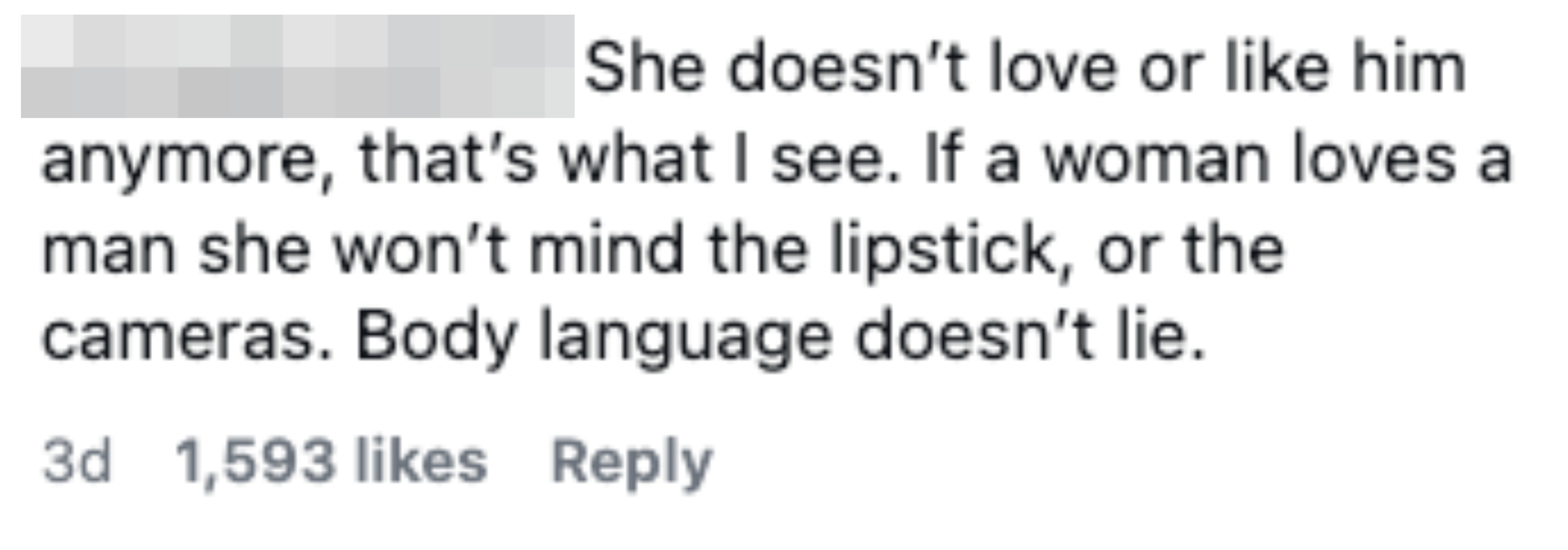 Comment discussing a woman's feelings towards a man, mentioning assemblage language, lipstick, and cameras