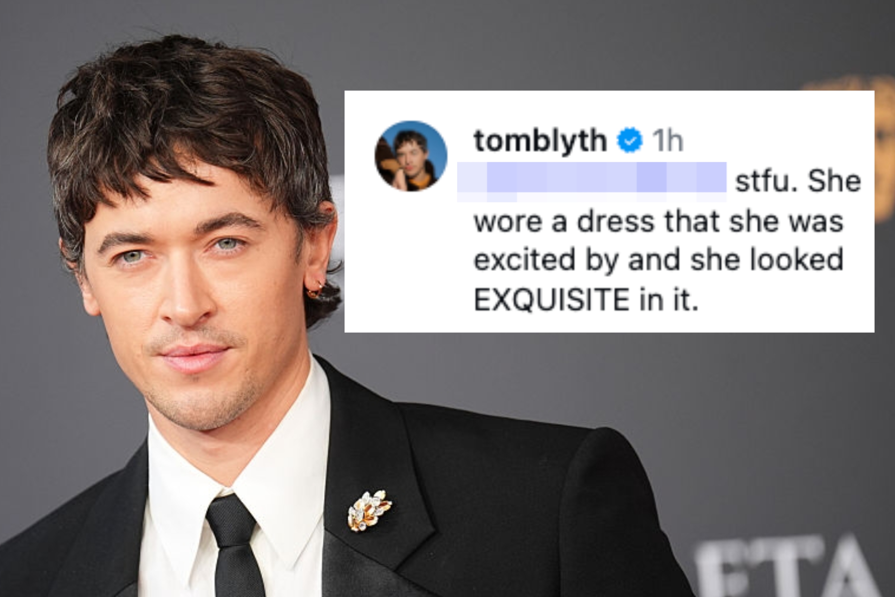 Person successful  a achromatic  suit   with a achromatic  garment  and floral lapel pin astatine  a BAFTA lawsuit   backdrop