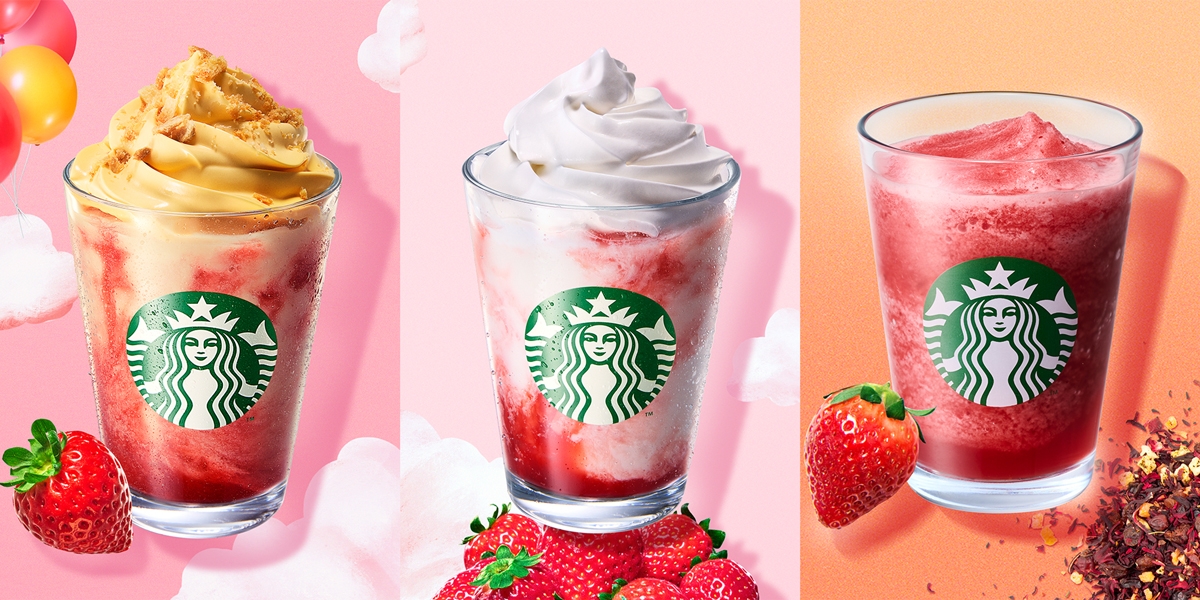 Three Starbucks beverages with creamy toppings and strawberries, presented against colorful backgrounds