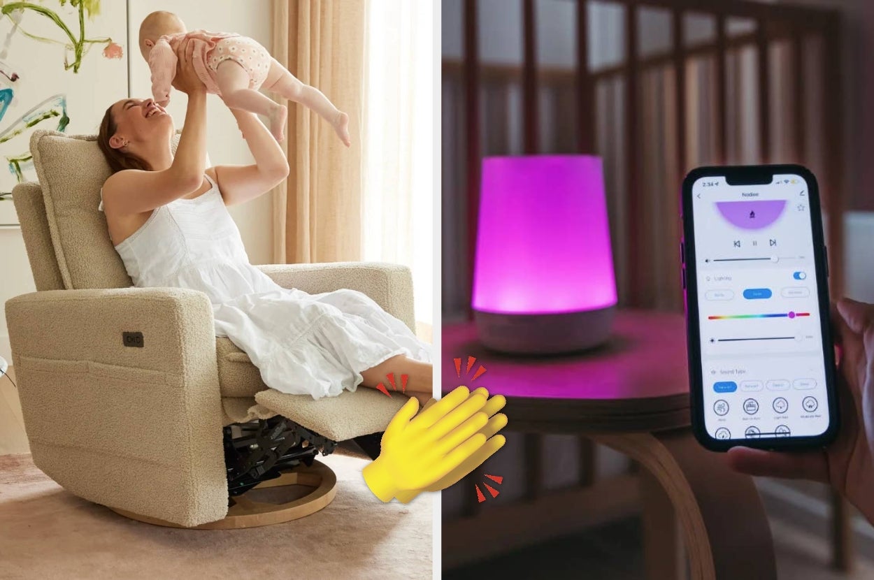 Woman in a rocking chair lifts a baby; next to her, a smartphone controls a nursery lamp on a table, indicating smart home technology