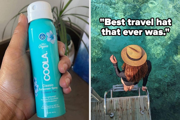 Left: Hand holding COOLA sunscreen spray. Right: Person in a straw hat on a ladder over crystal-clear water with the text, "Best travel hat that ever was."