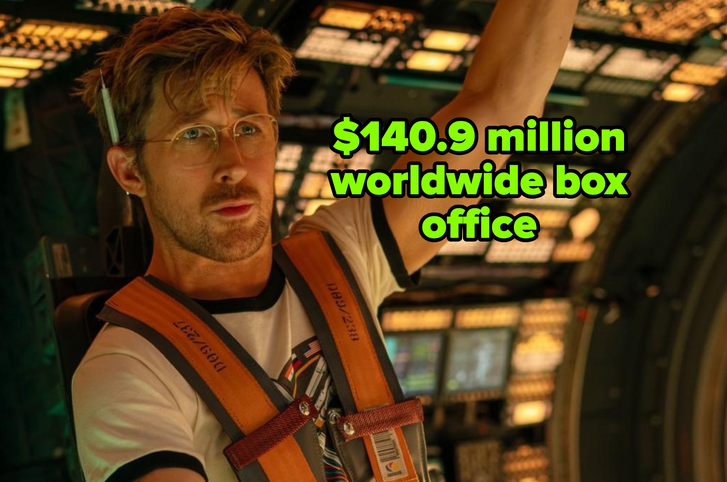 A man in a sci-fi setting wearing glasses and a harness, overlaid with "$140.9 million worldwide box office."