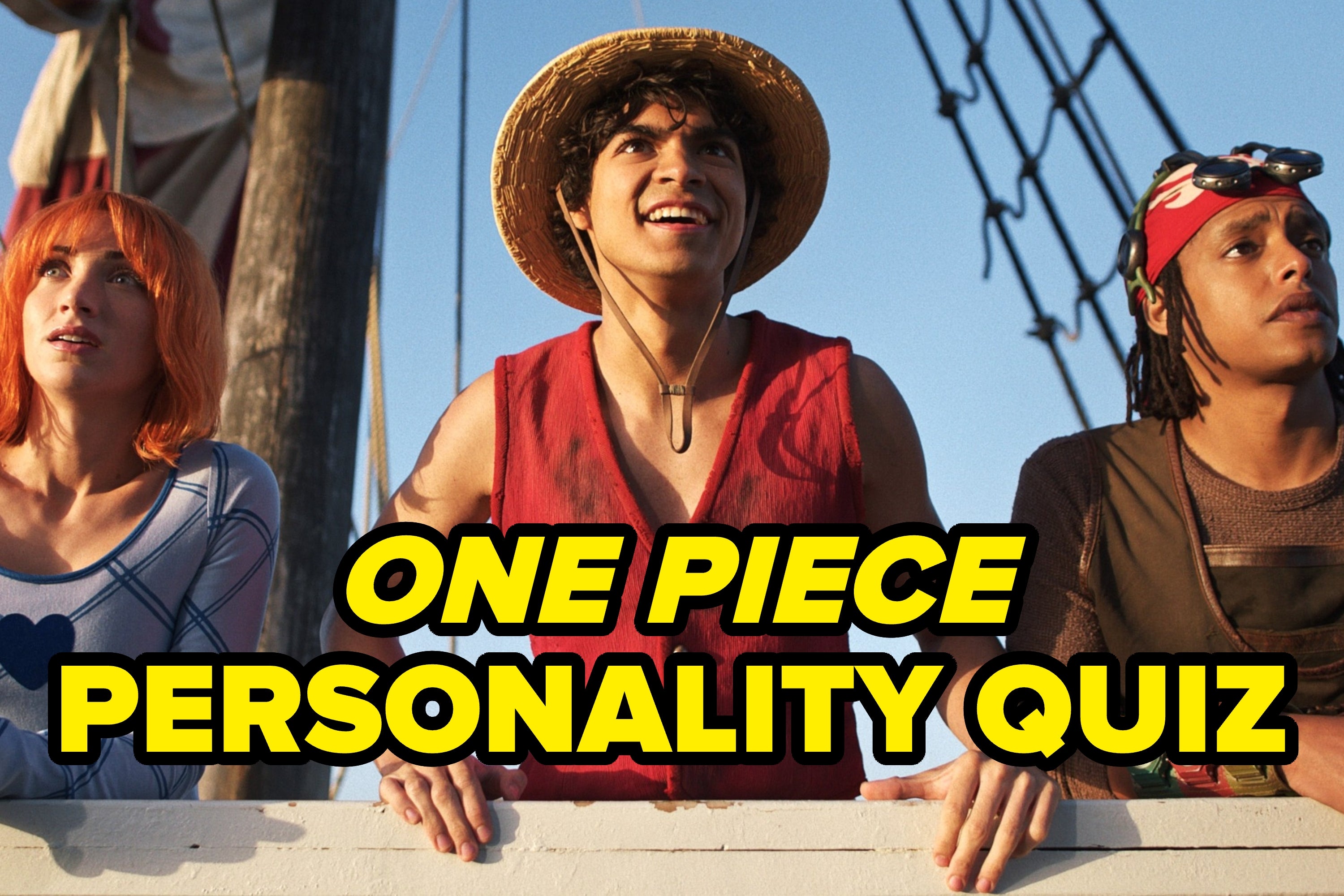 Three people on a ship, dressed in costumes with a nautical theme, look excitedly ahead. One has a straw hat and another has a red headscarf