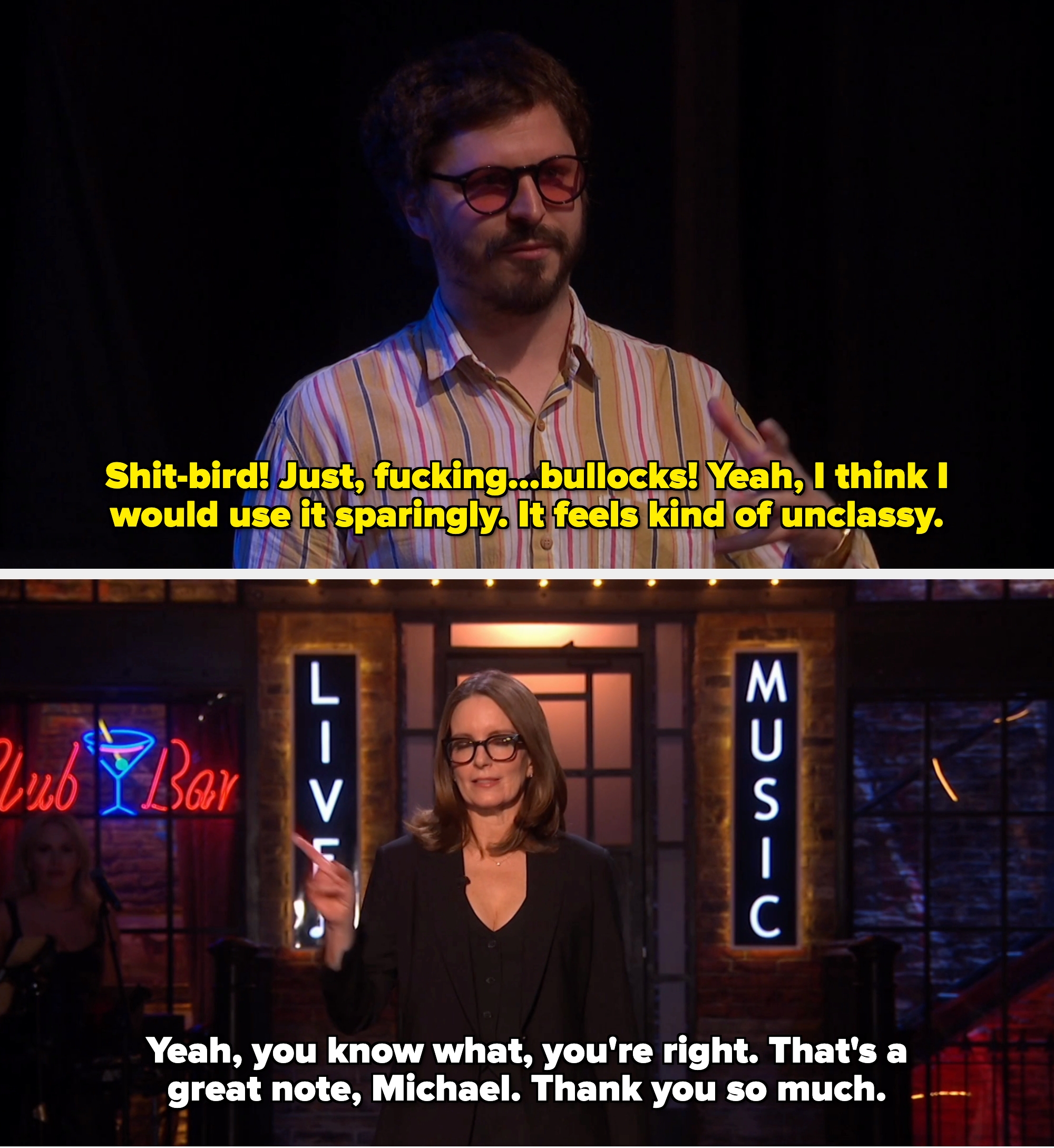 Person speaking, wearing a striped garment  and glasses, with a microphone attached. Hands gesturing portion    presenting connected  stage