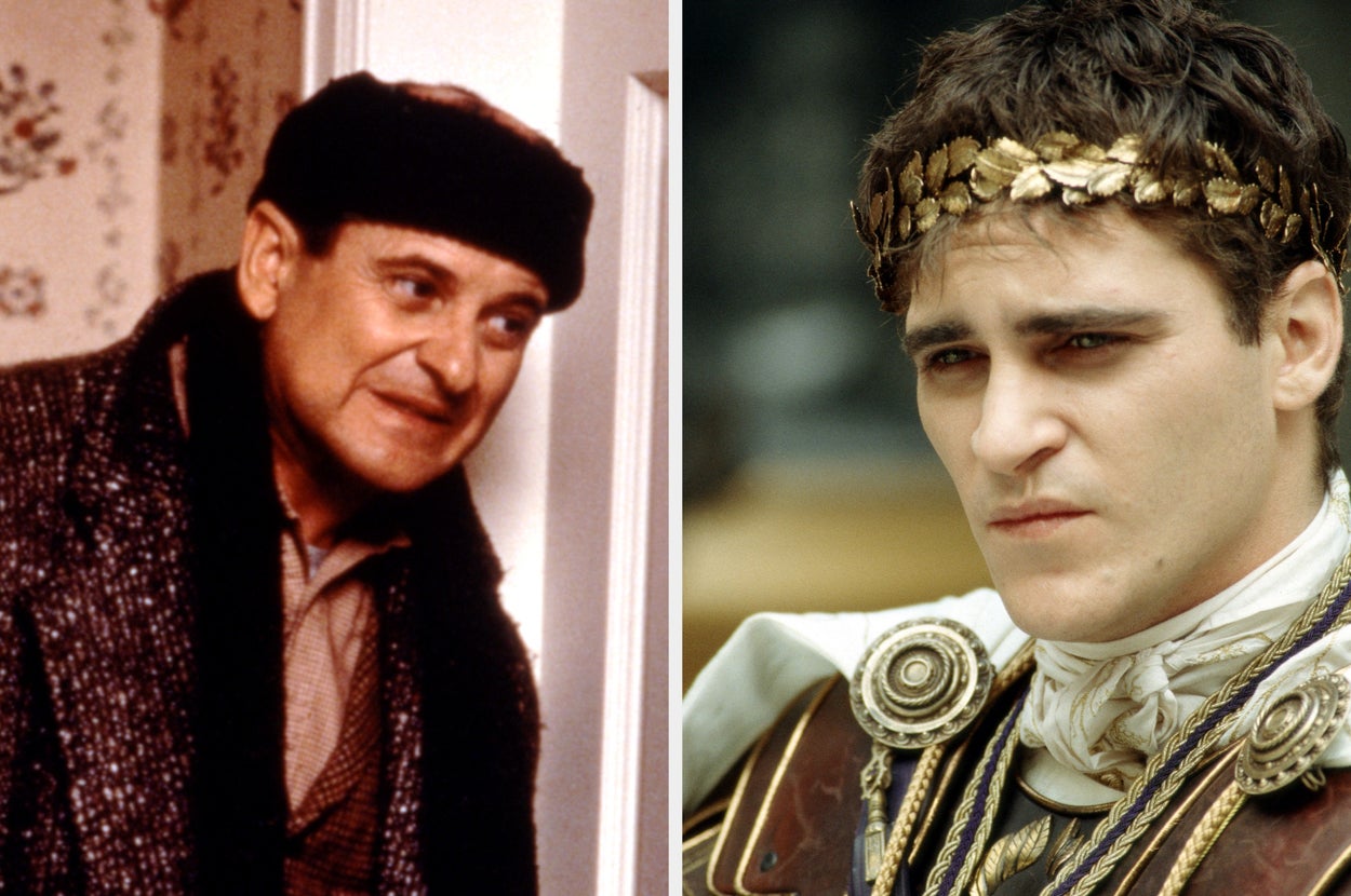 Two scenes showing actors in roles: one in winter clothing peeking into a room, the other as a Roman figure with a laurel crown and armor