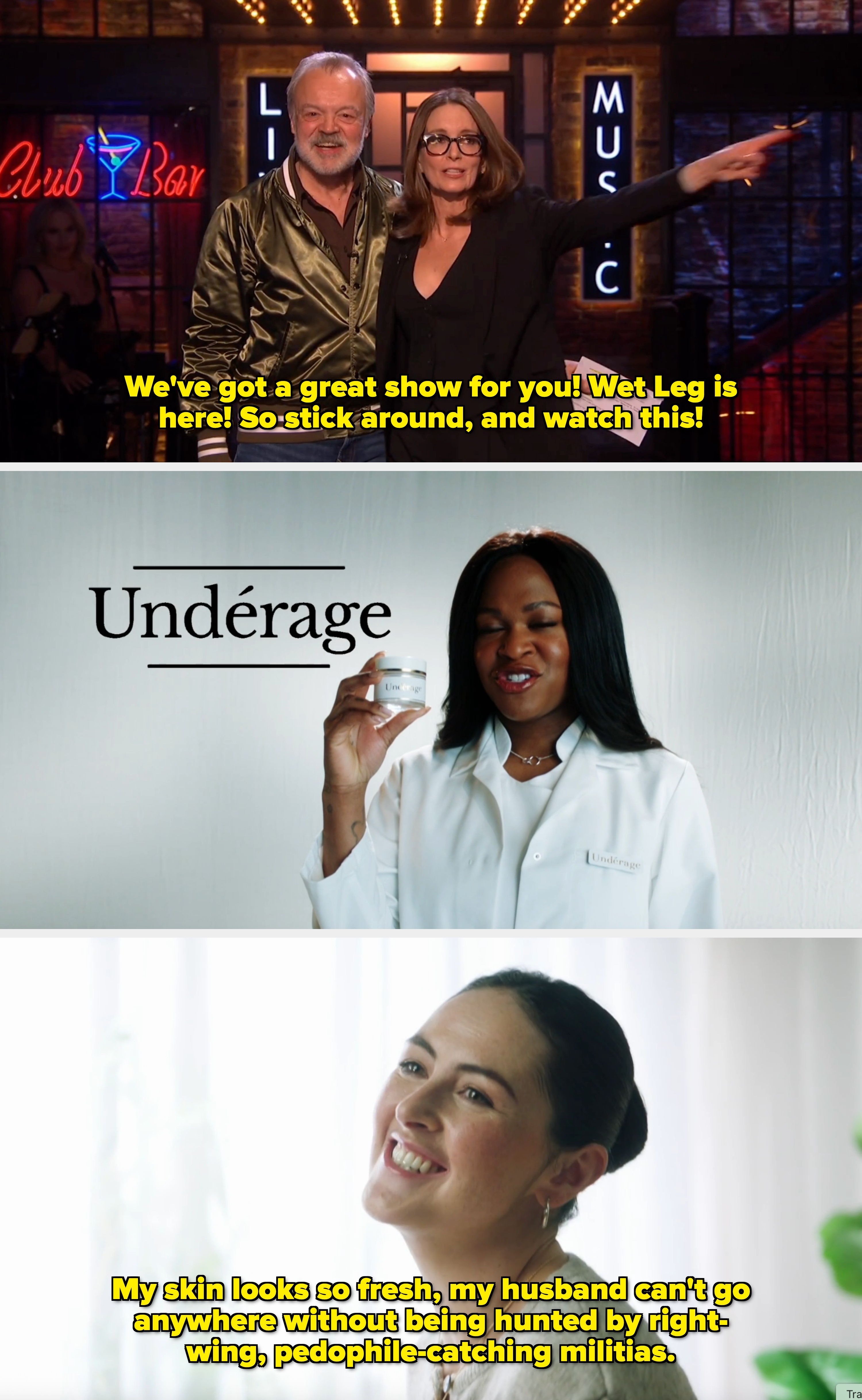 Two radical   connected  stage; 1  wearing a shiny overgarment   and the different   successful  a ceremonial  outfit, gesturing to the side. Neon motion   successful  the background