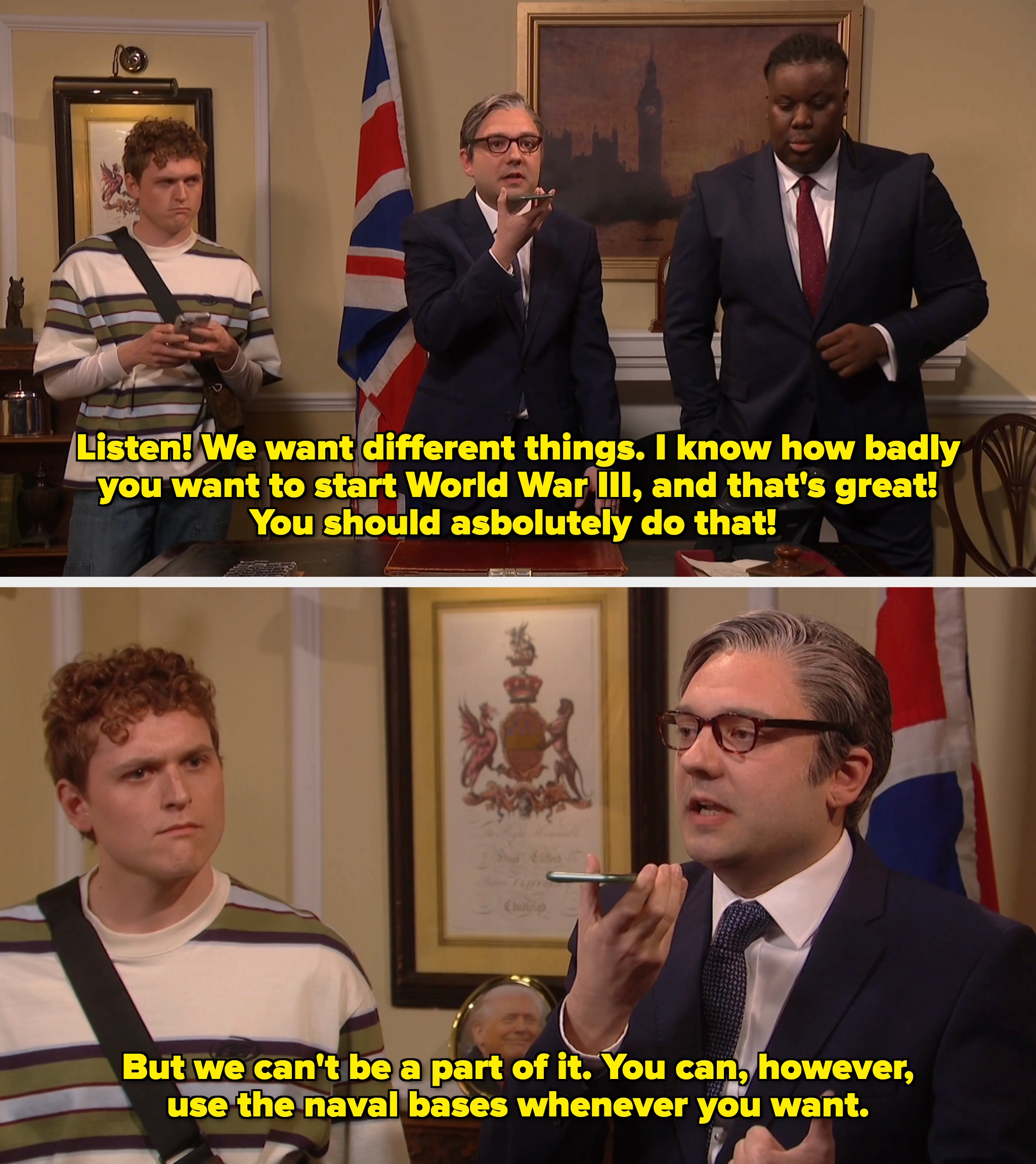 Three radical   basal   successful  an bureau   setting, with 1  speaking into a phone. A emblem  and a Big Ben representation   are successful  the background