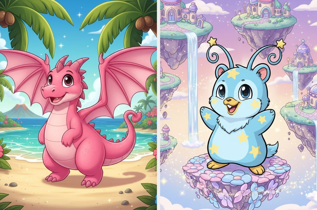 A cute pink dragon stands on a beach; a cheerful blue creature with star patterns is on a floating island in a fantasy world