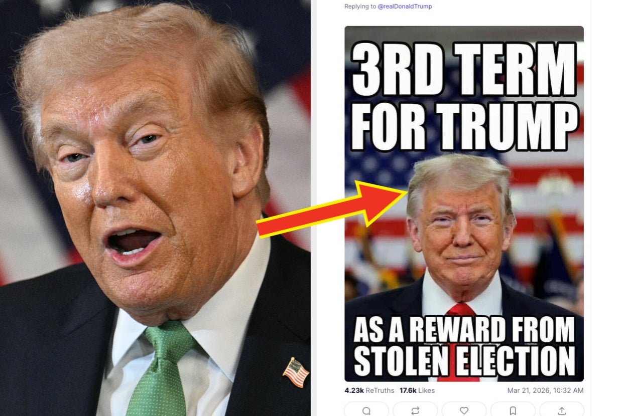 Man speaking, pointing to a meme suggesting a third term for Trump as "a reward from stolen election."