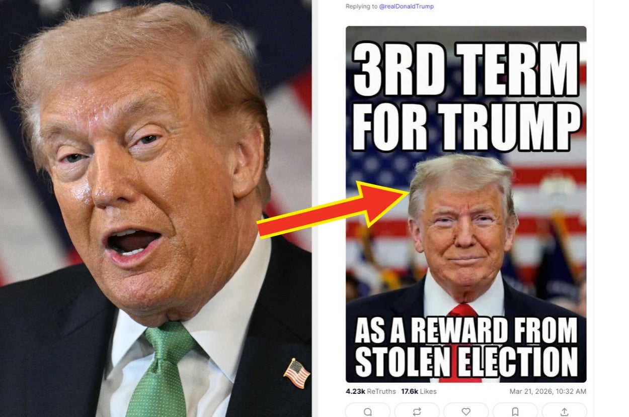 Man speaking, pointing to a meme suggesting a third term for Trump as "a reward from stolen election."