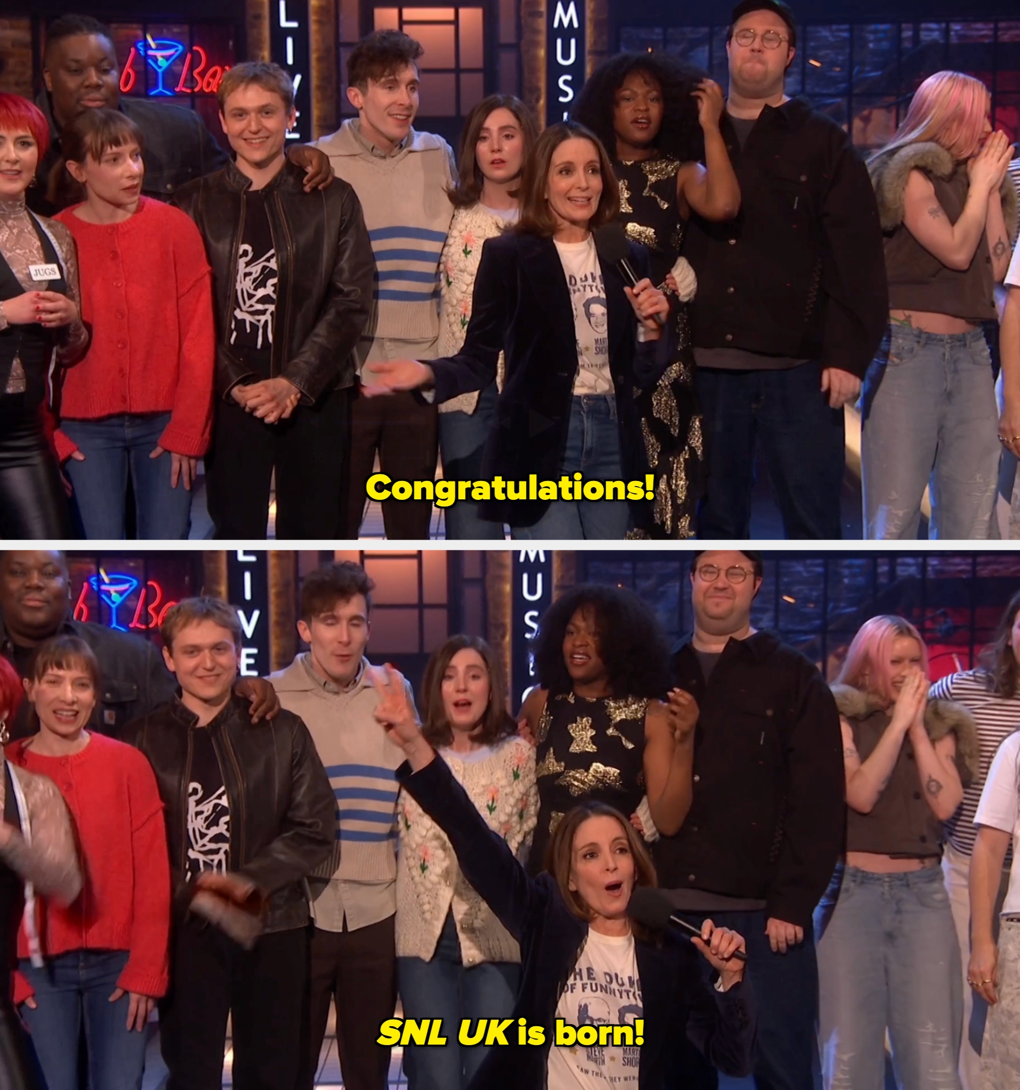 A radical  of radical   connected  stage, 1  idiosyncratic   kneeling and holding a microphone, gesturing energetically. Others basal   behind, immoderate   clapping and smiling