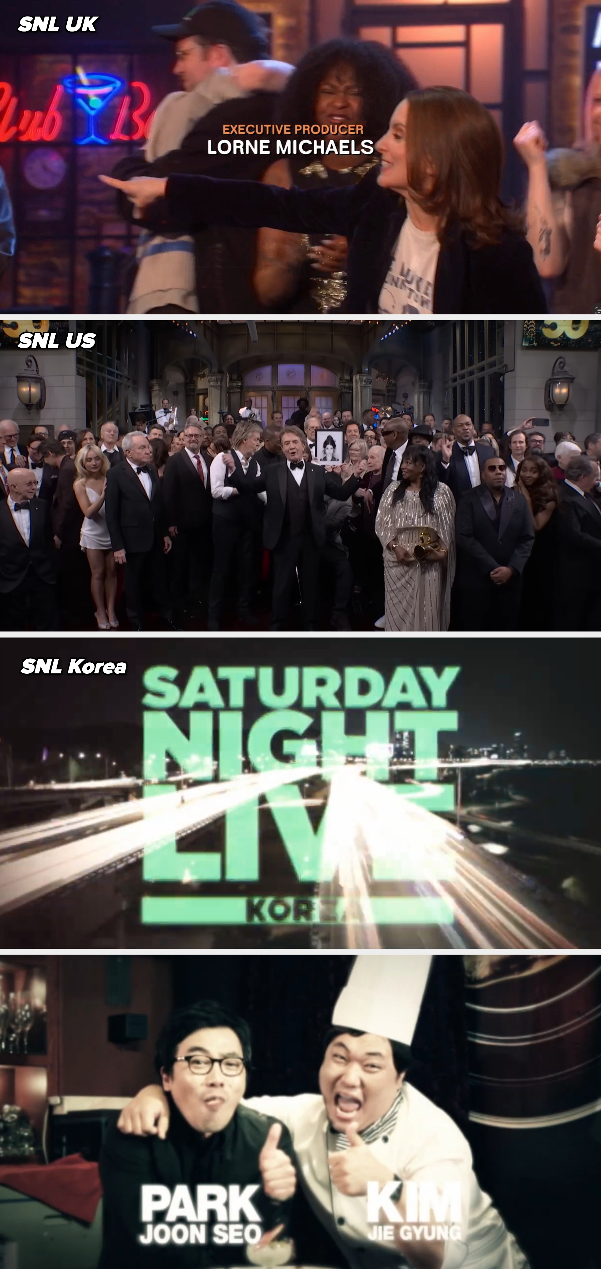 People observe  connected  stage, with a pistillate   pointing and smiling. Text overlay reads "Executive Producer Lorne Michaels."