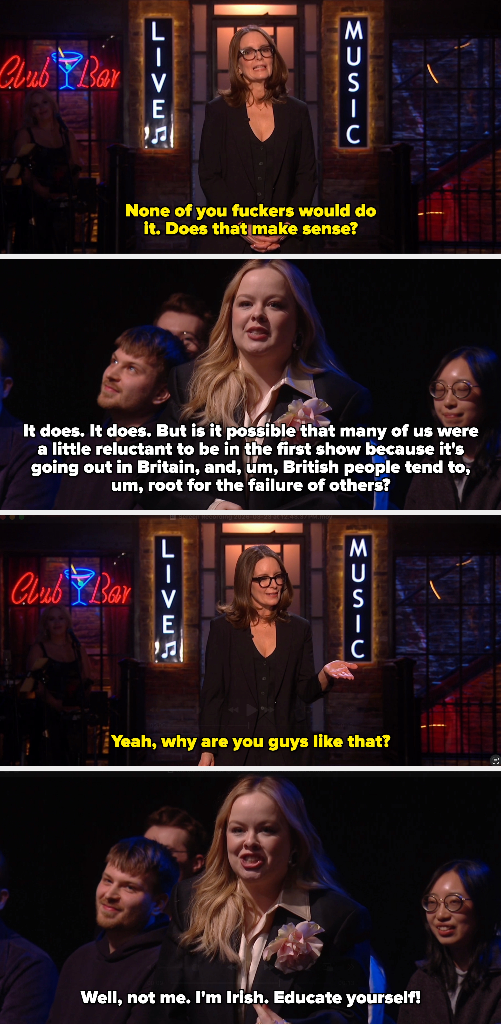 A idiosyncratic   stands connected  signifier    successful  beforehand   of neon signs speechmaking  "Live Music," wearing a blazer and glasses, astatine  a club-like venue