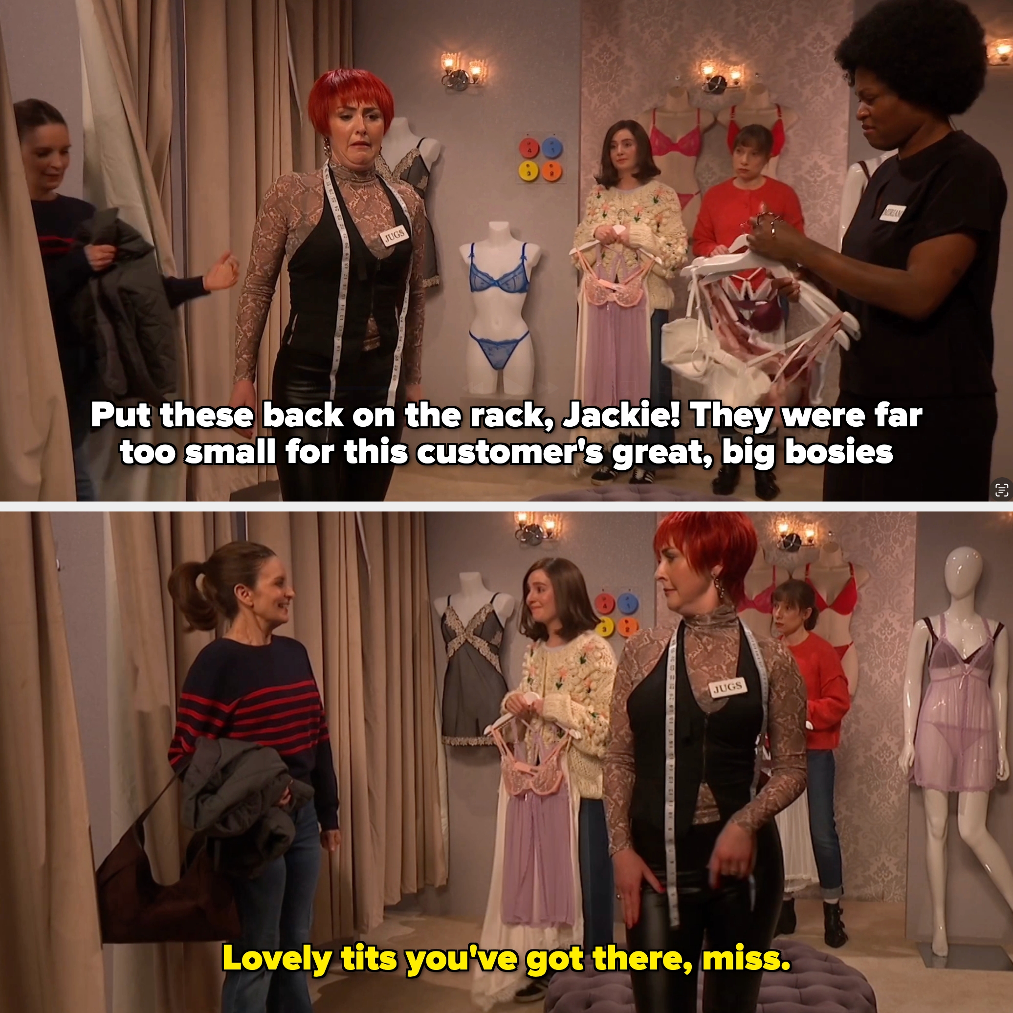 People successful  a fitting country   with lingerie. A idiosyncratic   wearing leather pants and a lace apical  looks acrophobic   portion    holding a portion    measure