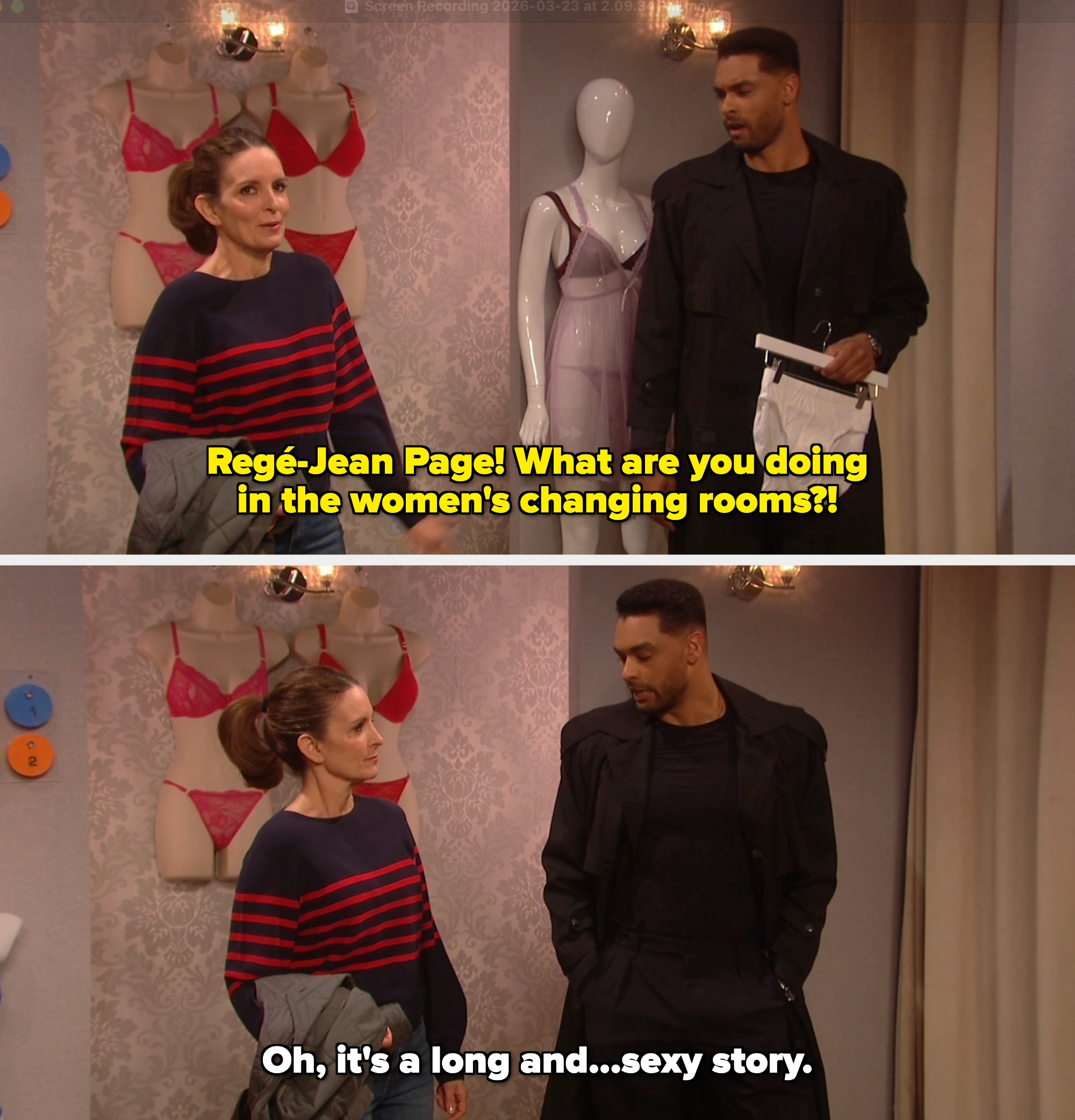 A antheral   holding lingerie speaks to a pistillate   successful  a striped sweater adjacent  to a mannequin wearing a akin  outfit