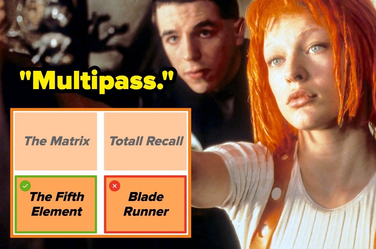 Scene from "The Fifth Element" with Leeloo holding a pass, cited among other sci-fi film titles