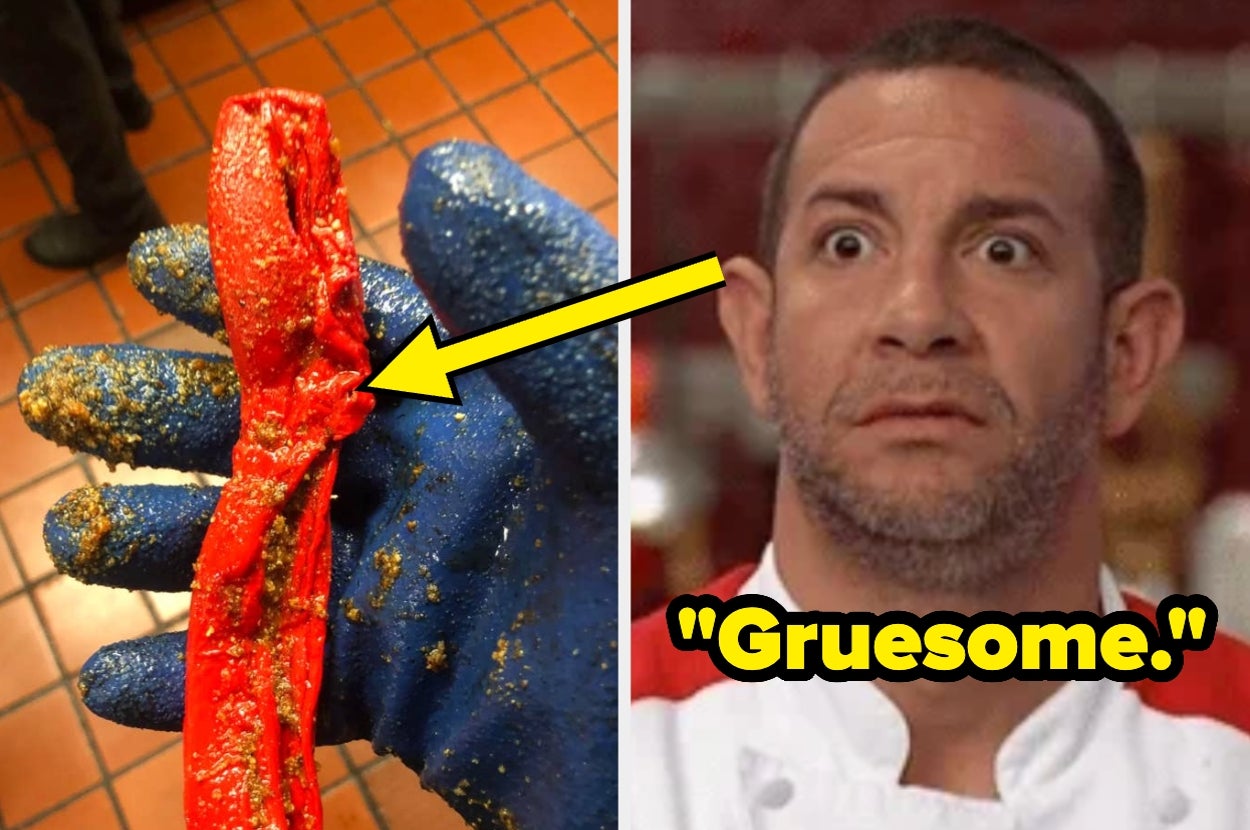 A person's surprised expression paired with a gloved hand holding food, described as "gruesome," suggesting a reaction to an incident or discovery