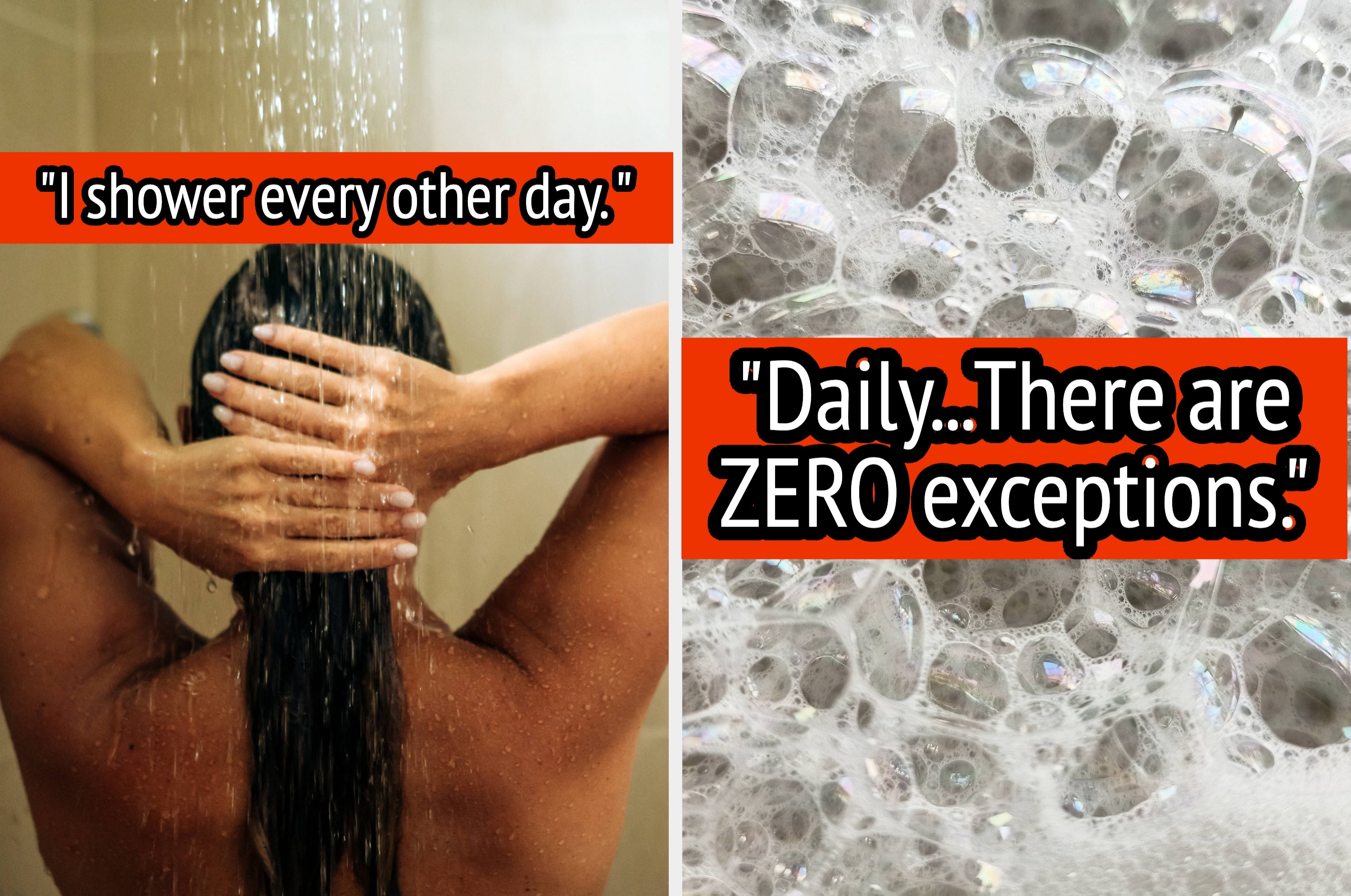 A person showers, water pouring down over their head. Bubbles with iridescent patterns are shown close-up on the right