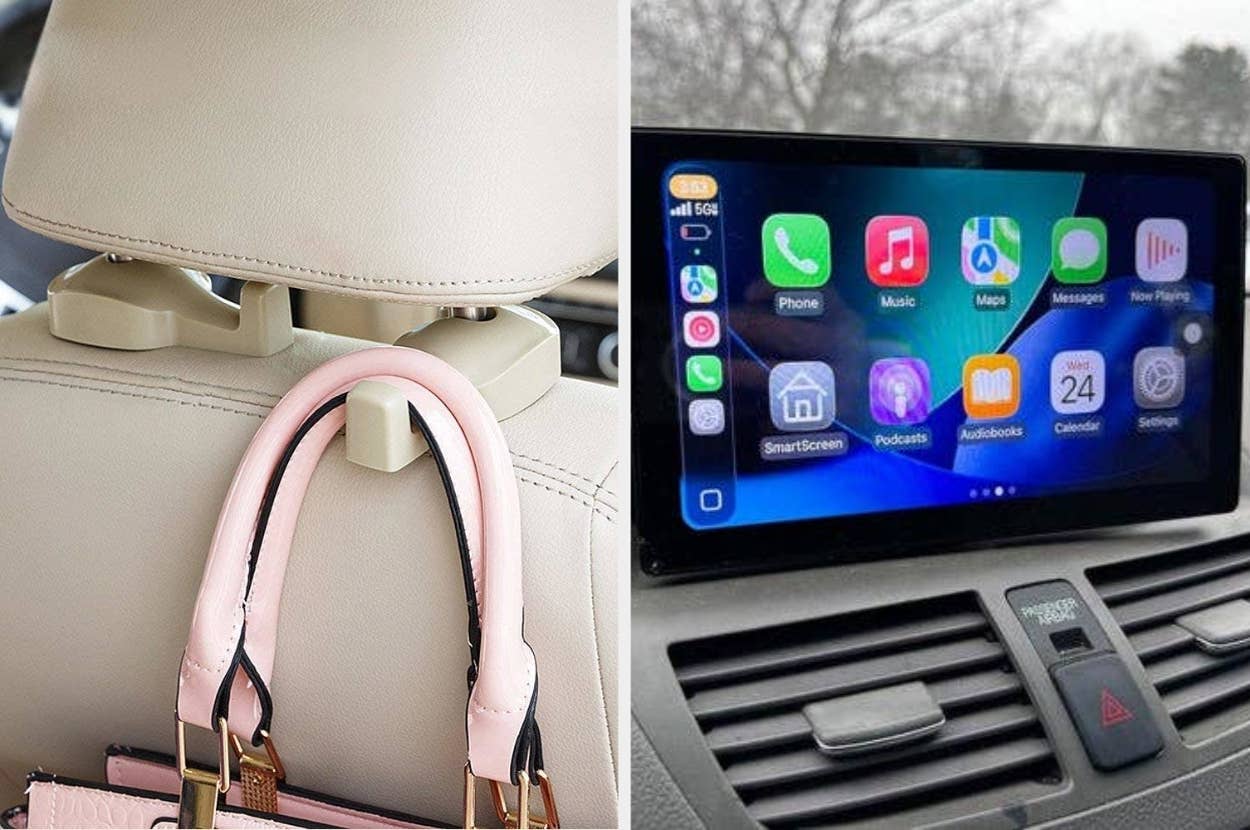 On the left, a car headrest hanger holds a pink handbag. On the right, a car dashboard displays a touchscreen with app icons