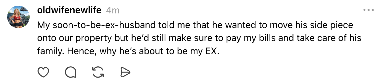 A social media post describes an impending divorce due to a partner's betrayal