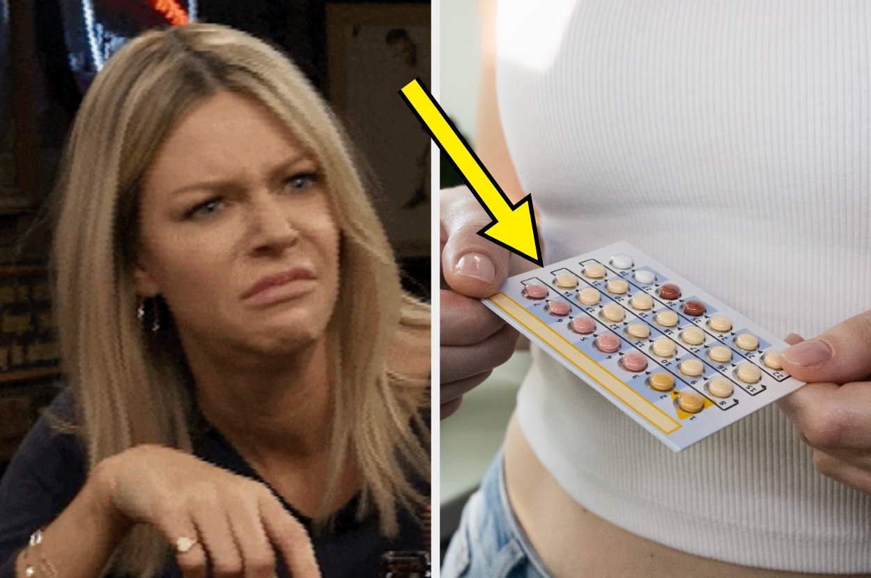 Woman making a confused face next to a person pointing at a birth control pill packet