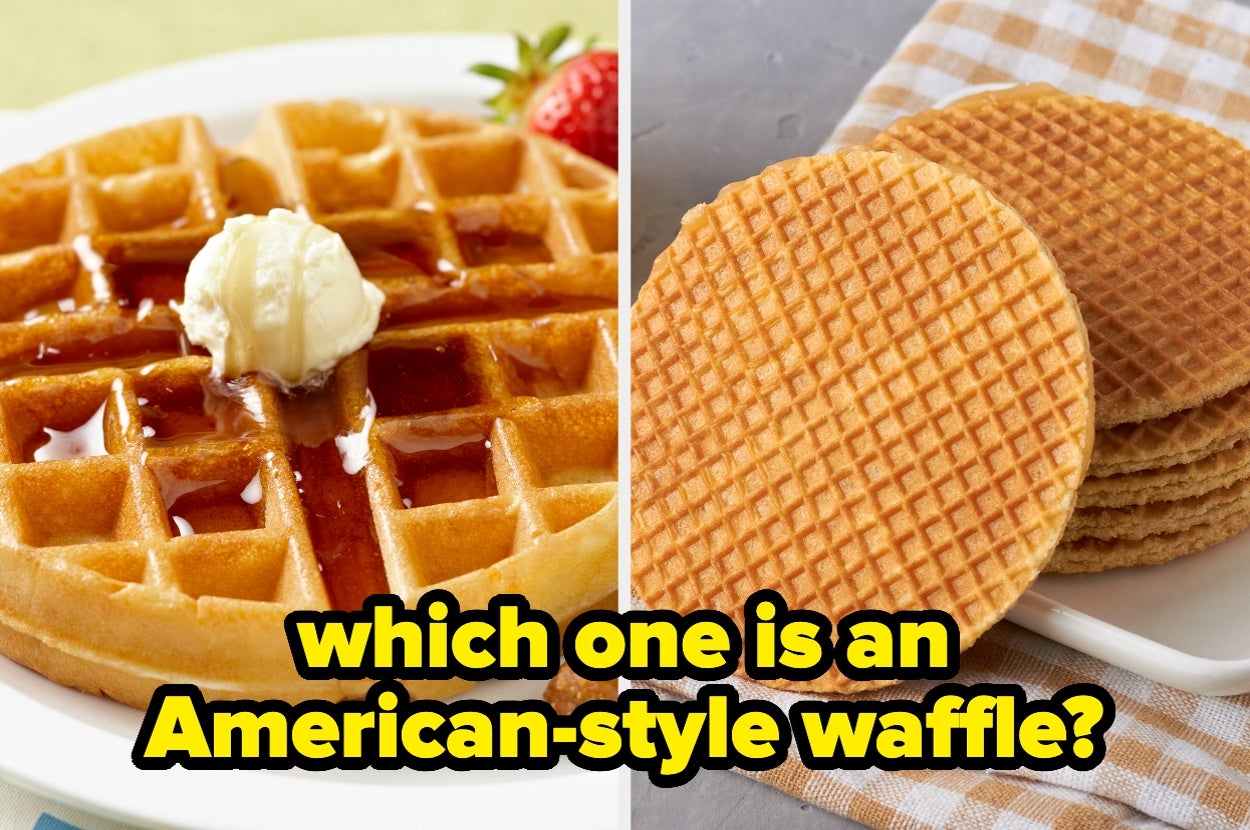 Left: American-style waffle with syrup and butter. Right: Stroopwafels stacked on a plate. Text asks, "Which one is an American-style waffle?"