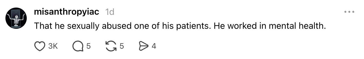 Comment mentioning allegations of a mental health professional sexually abusing a patient