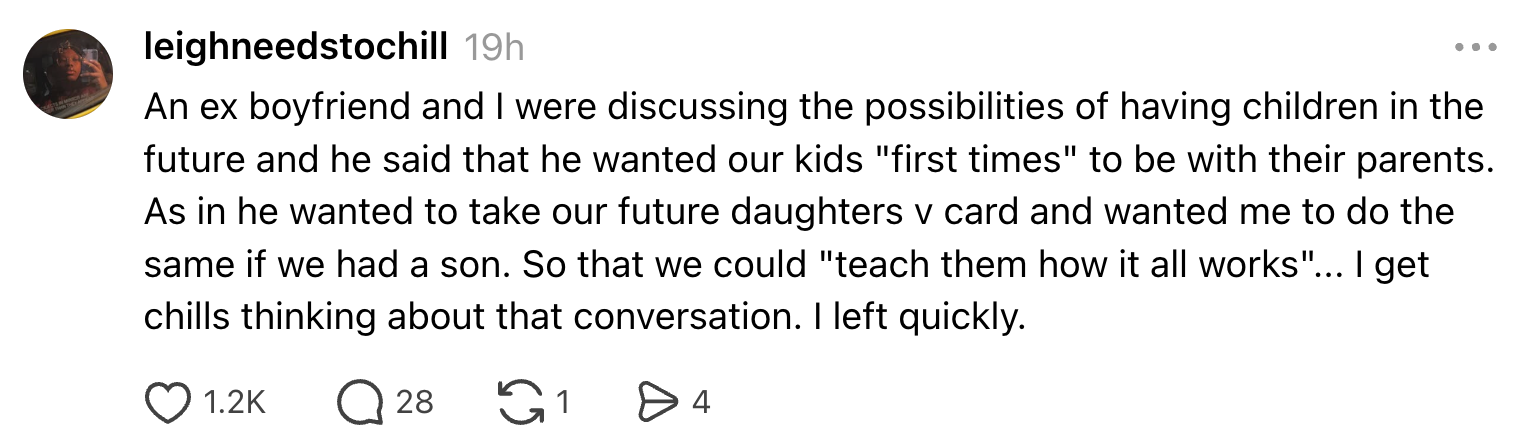Text conversation recounts an unsettling discussion with an ex about wanting future children's "first times" to be with parents