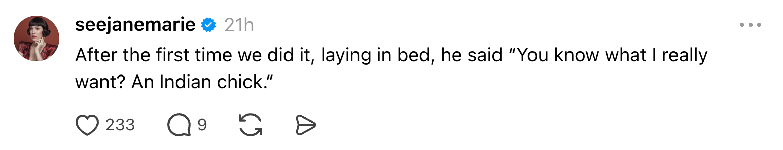 A social media post where the user shares a personal anecdote about a post-relationship remark