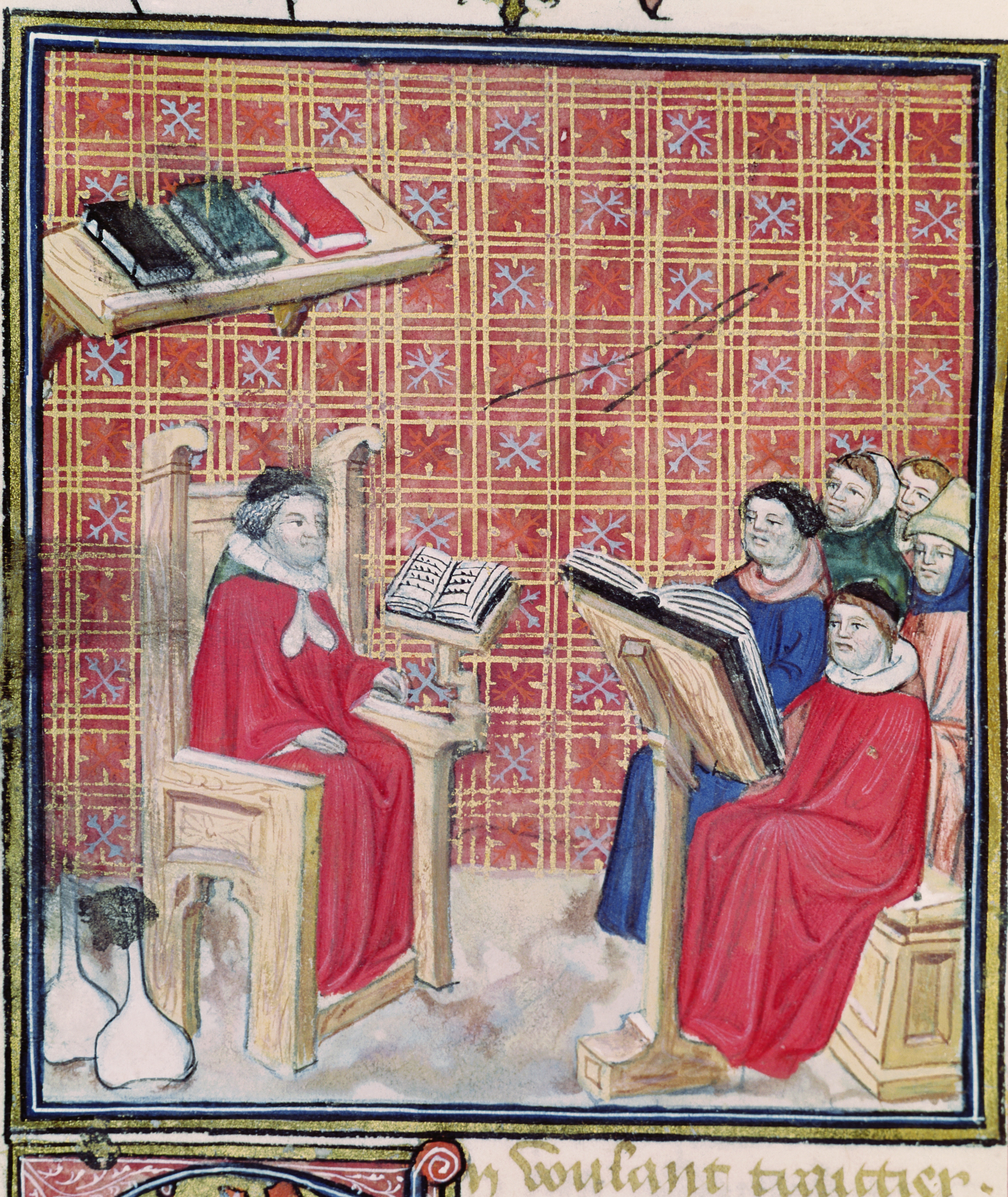 Medieval illustration of a teacher successful a reddish robe lecturing students who are seated, with unfastened books successful beforehand of them