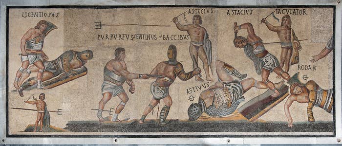 Ancient Roman mosaic depicting gladiators successful  combat, with names and actions shown