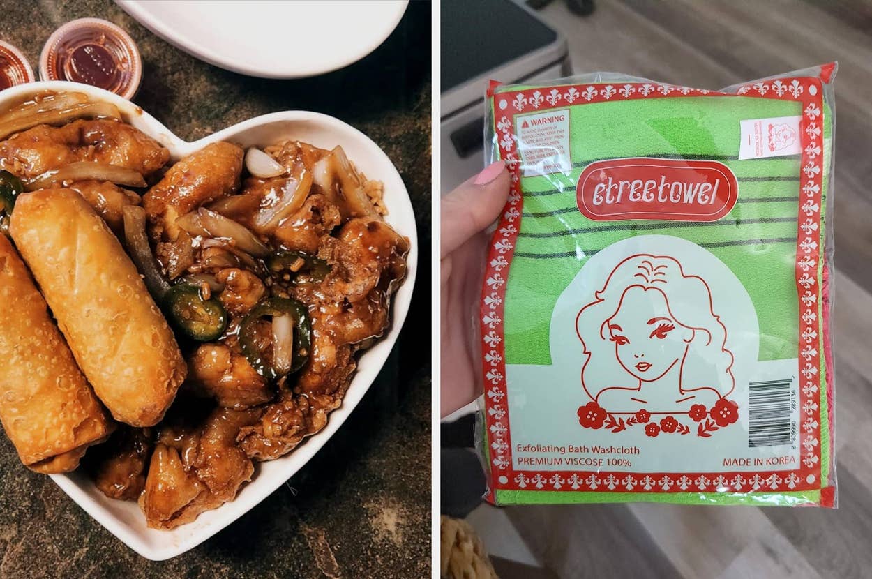 Left: Heart-shaped plate with Chinese food, including egg rolls and chicken. Right: Hand holding a packaged green exfoliating bath washcloth