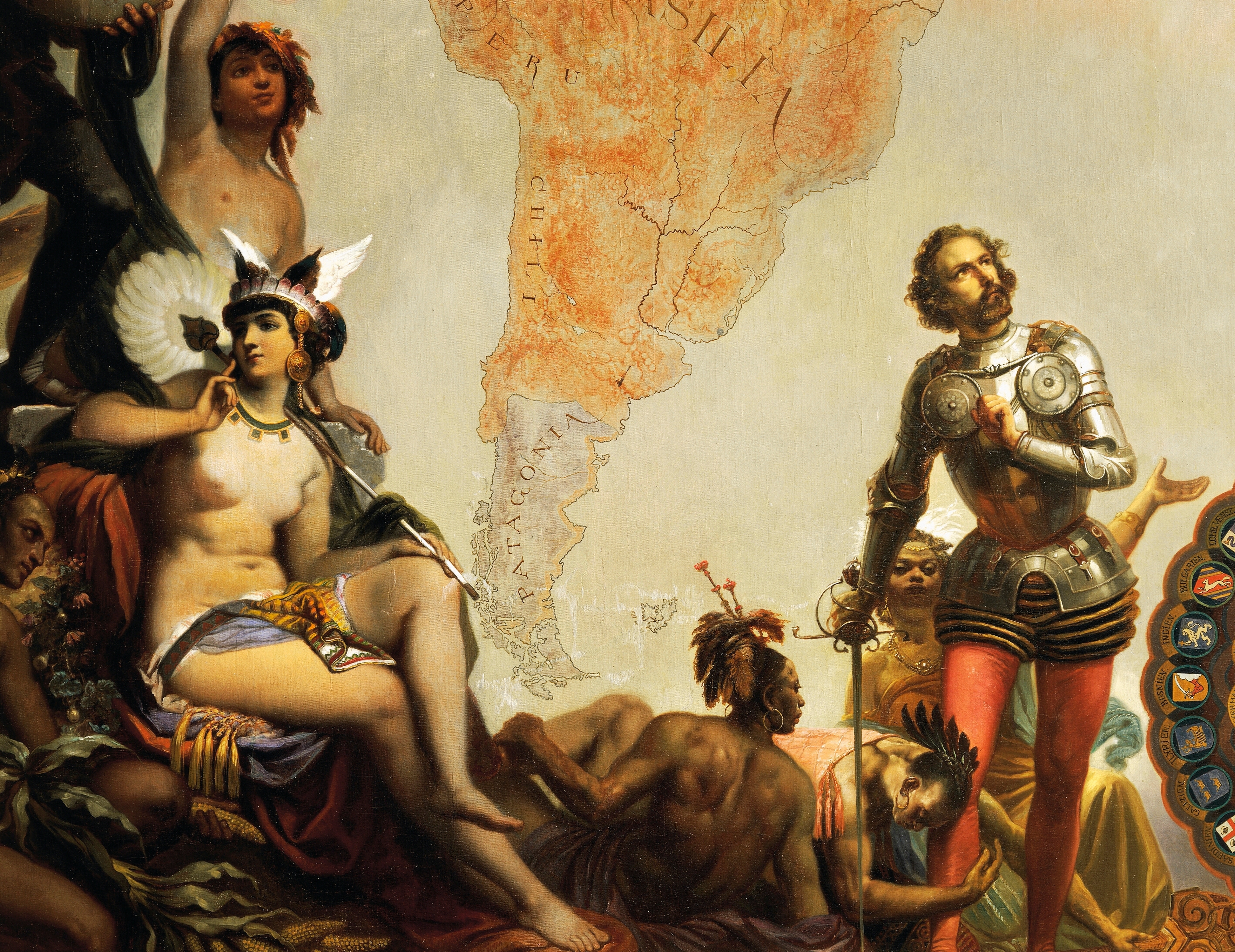 A humanities coating depicting explorers and figures symbolizing regions of the world, featuring a representation of South America successful the background